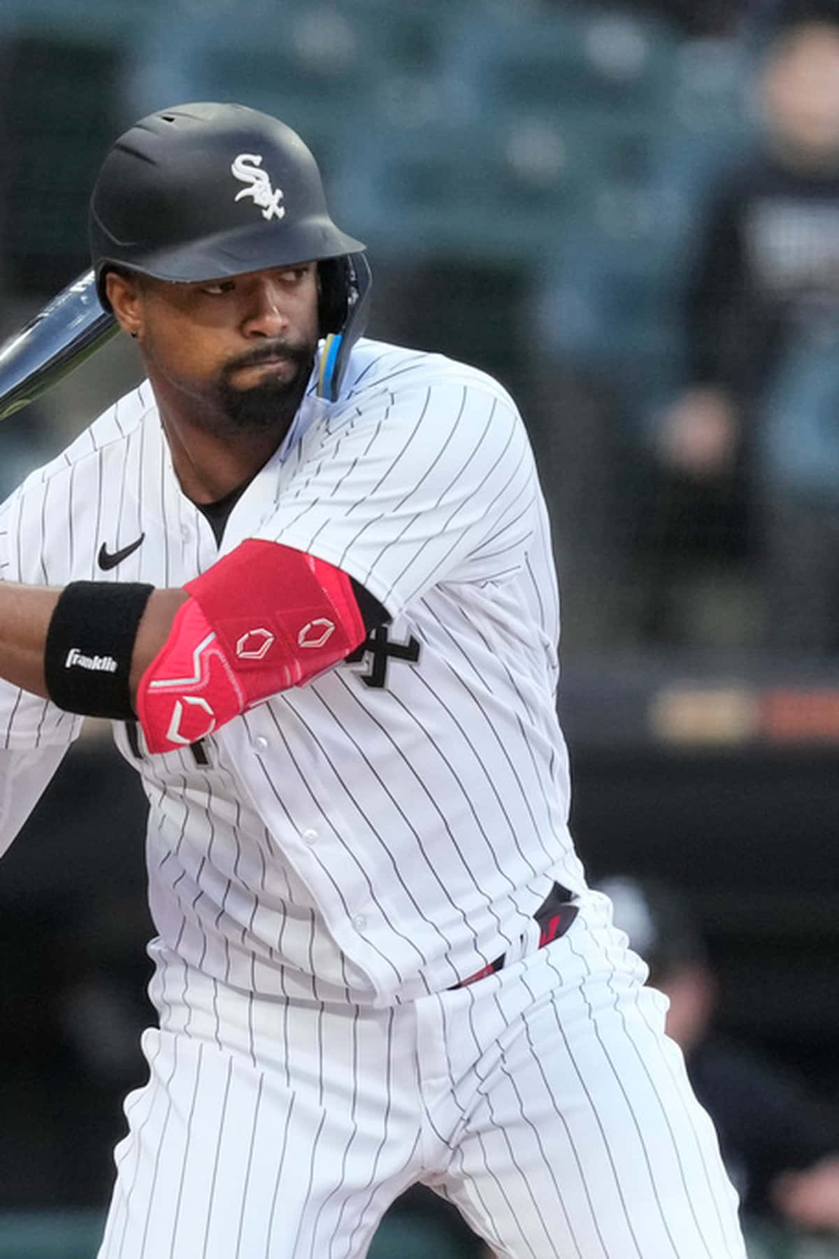 Eloy Jimenez, white pinstripe uniform, black helmet, HD Phone Wallpaper