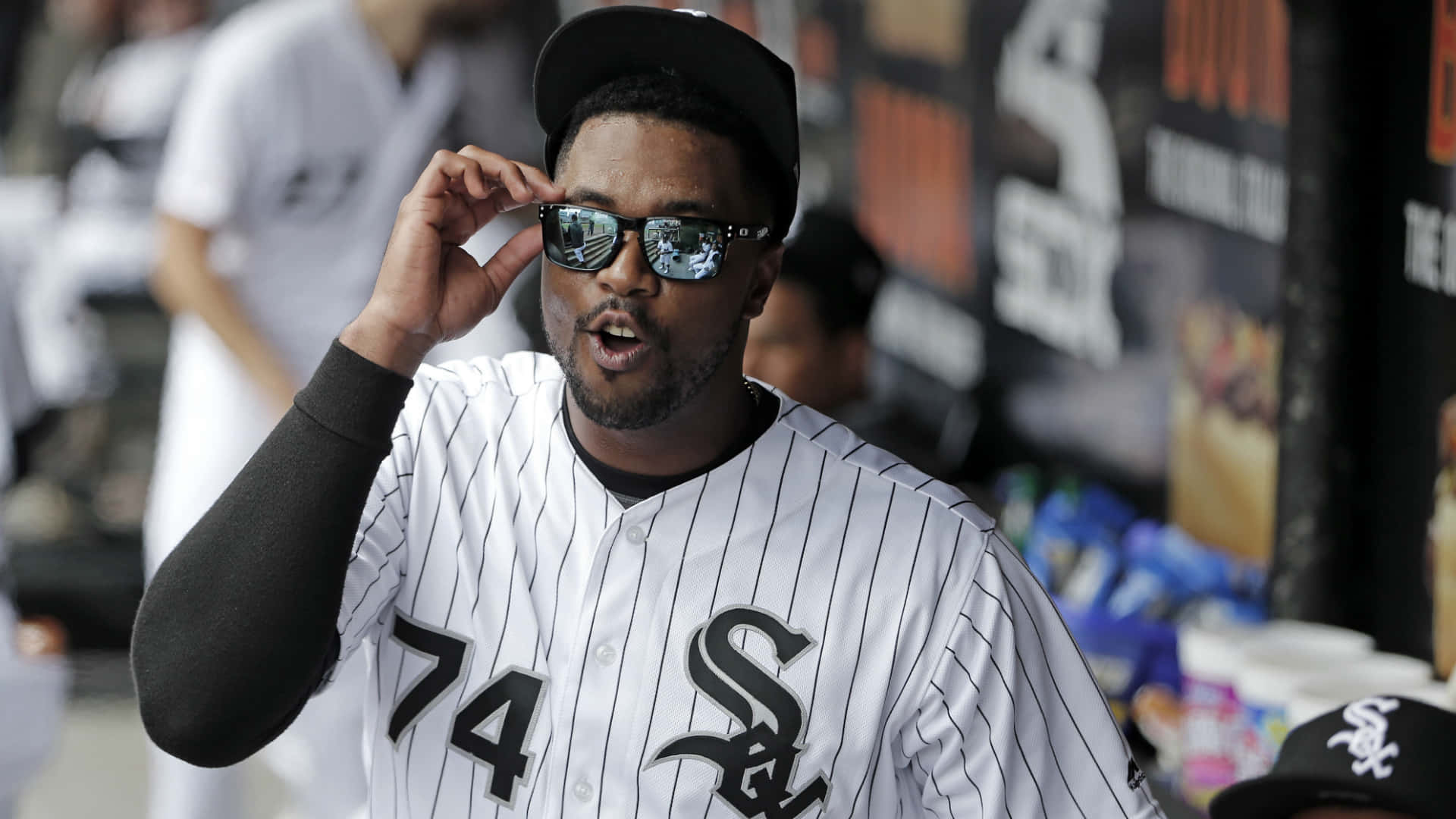 Eloy Jimenez, pinstripe uniform, dugout, Full HD Desktop Wallpaper