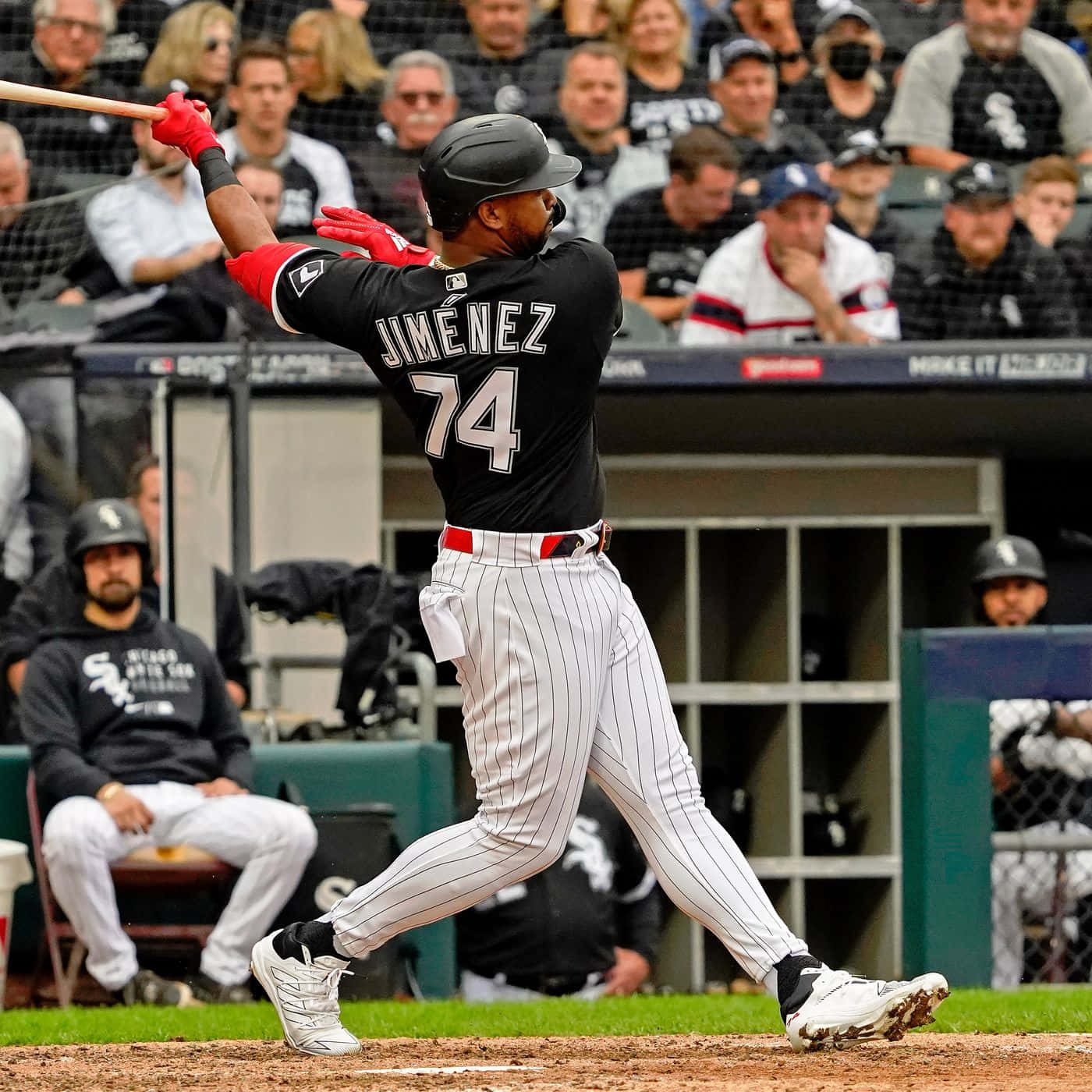 Eloy Jimenez, black and white pinstripe uniform, mid-swing, HD Desktop Wallpaper