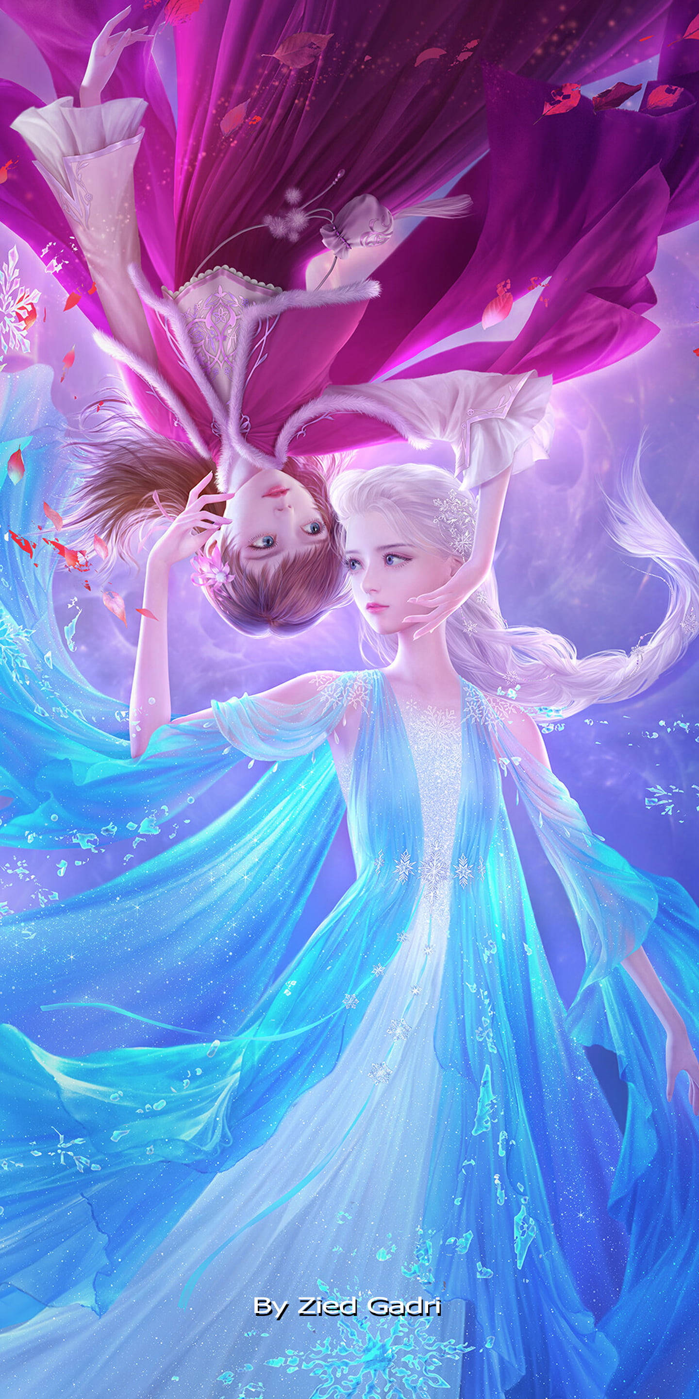 Elsa And Anna, anime girls, blue and purple gowns, 2K Phone Wallpaper