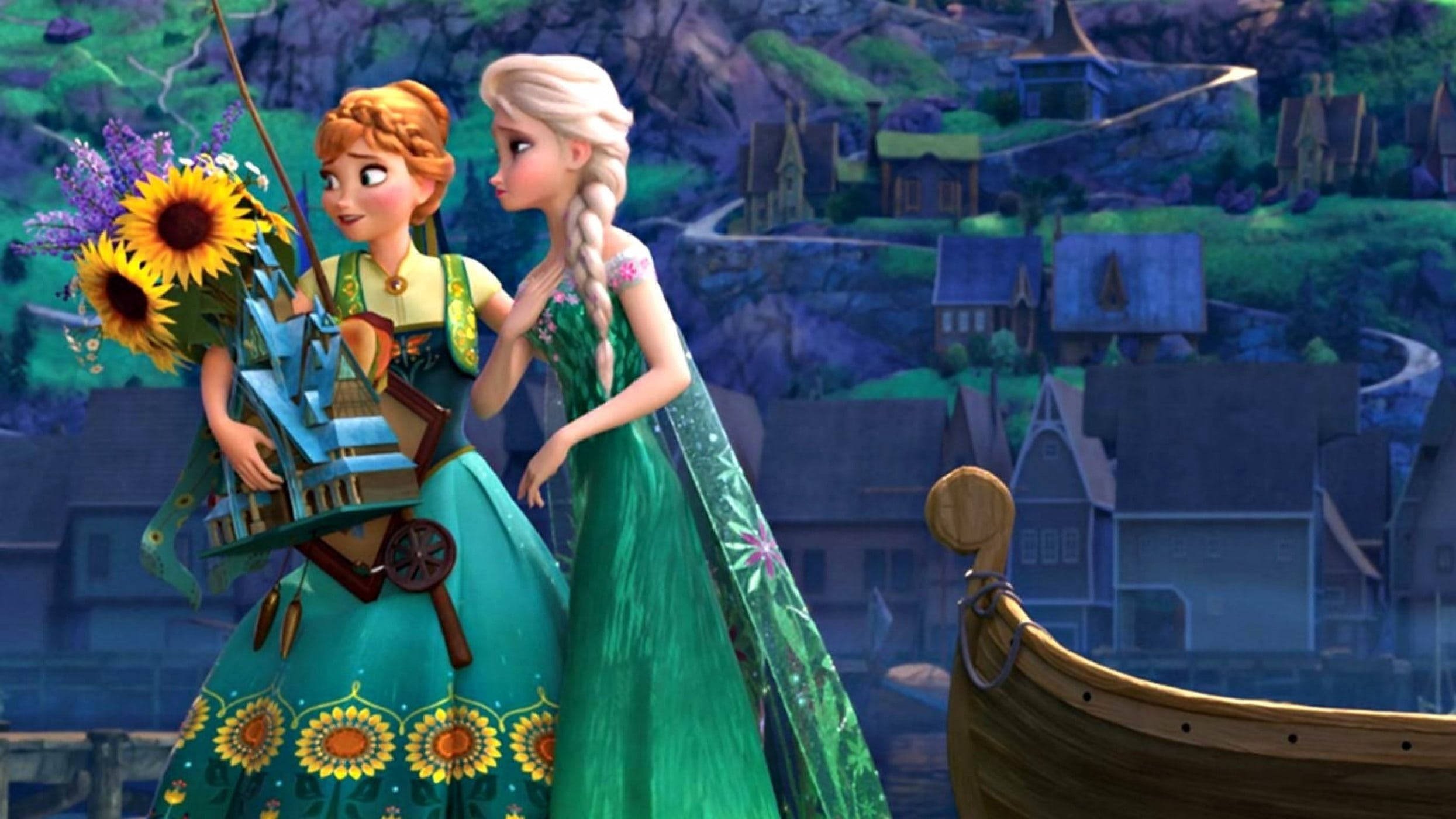 Elsa And Anna, sunflowers, boat, Full HD Desktop Wallpaper