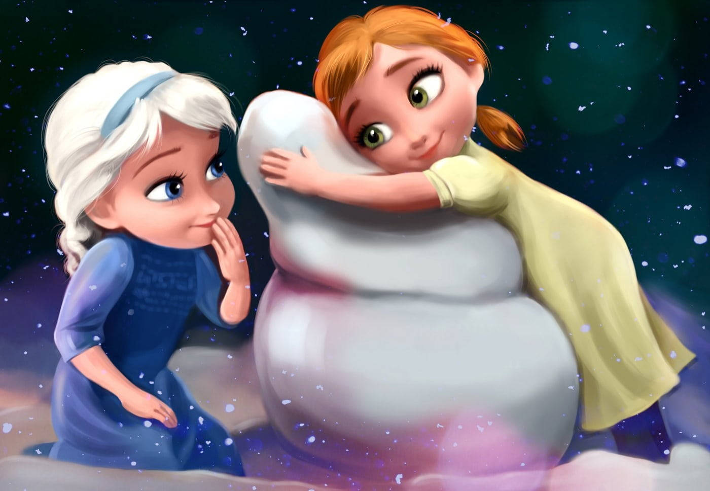 Elsa And Anna, snowman, starry night sky, HD Desktop Wallpaper