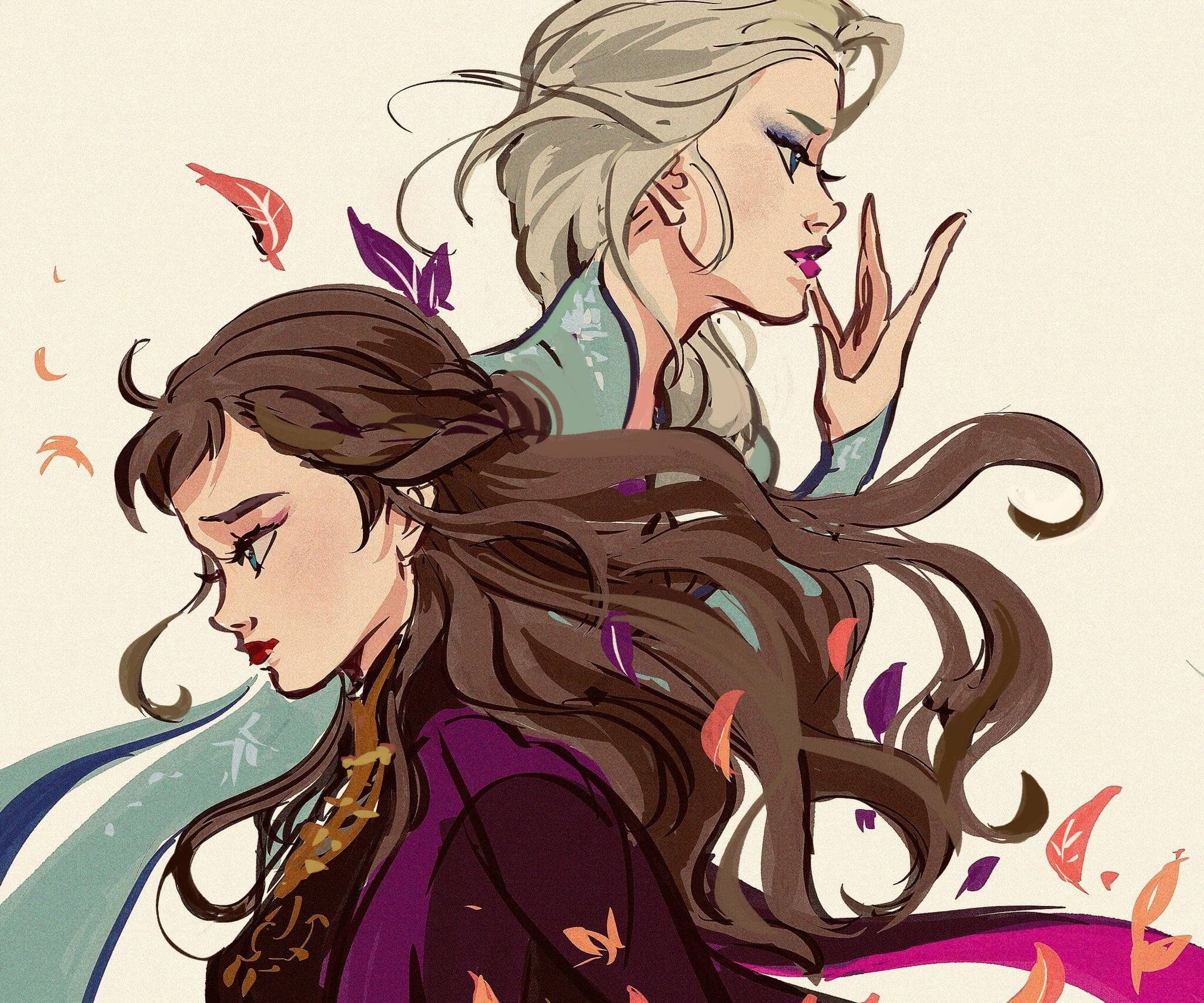 Elsa And Anna, autumn leaves, flowing hair, Full HD Desktop Wallpaper