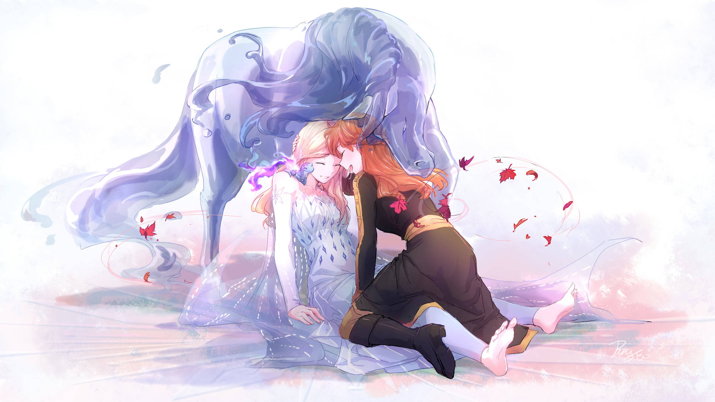 Elsa And Anna, translucent blue horse, floating red leaves, Full HD Desktop Wallpaper