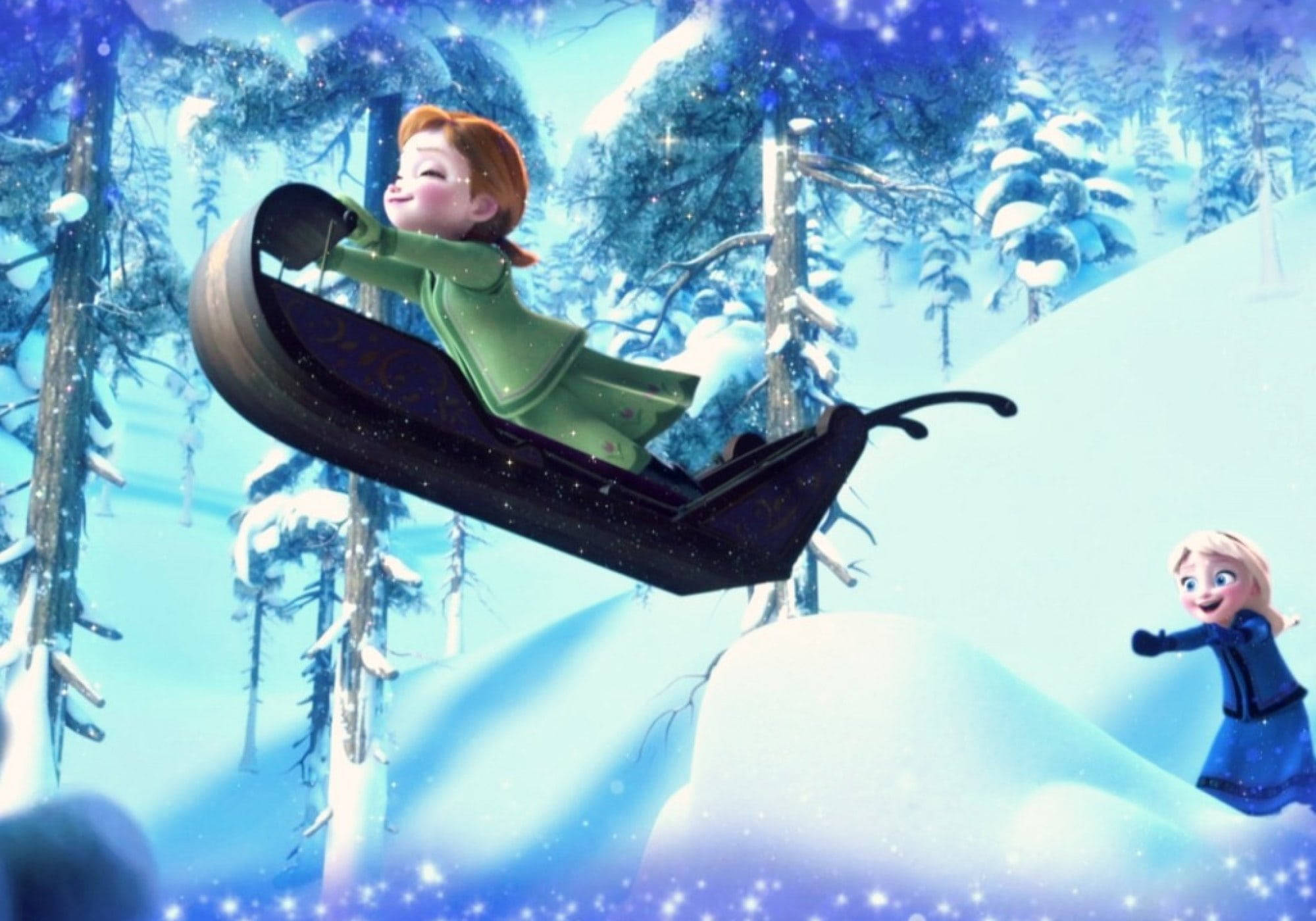 Elsa And Anna, sleighing, sparkling snowy forest, Full HD Desktop Wallpaper