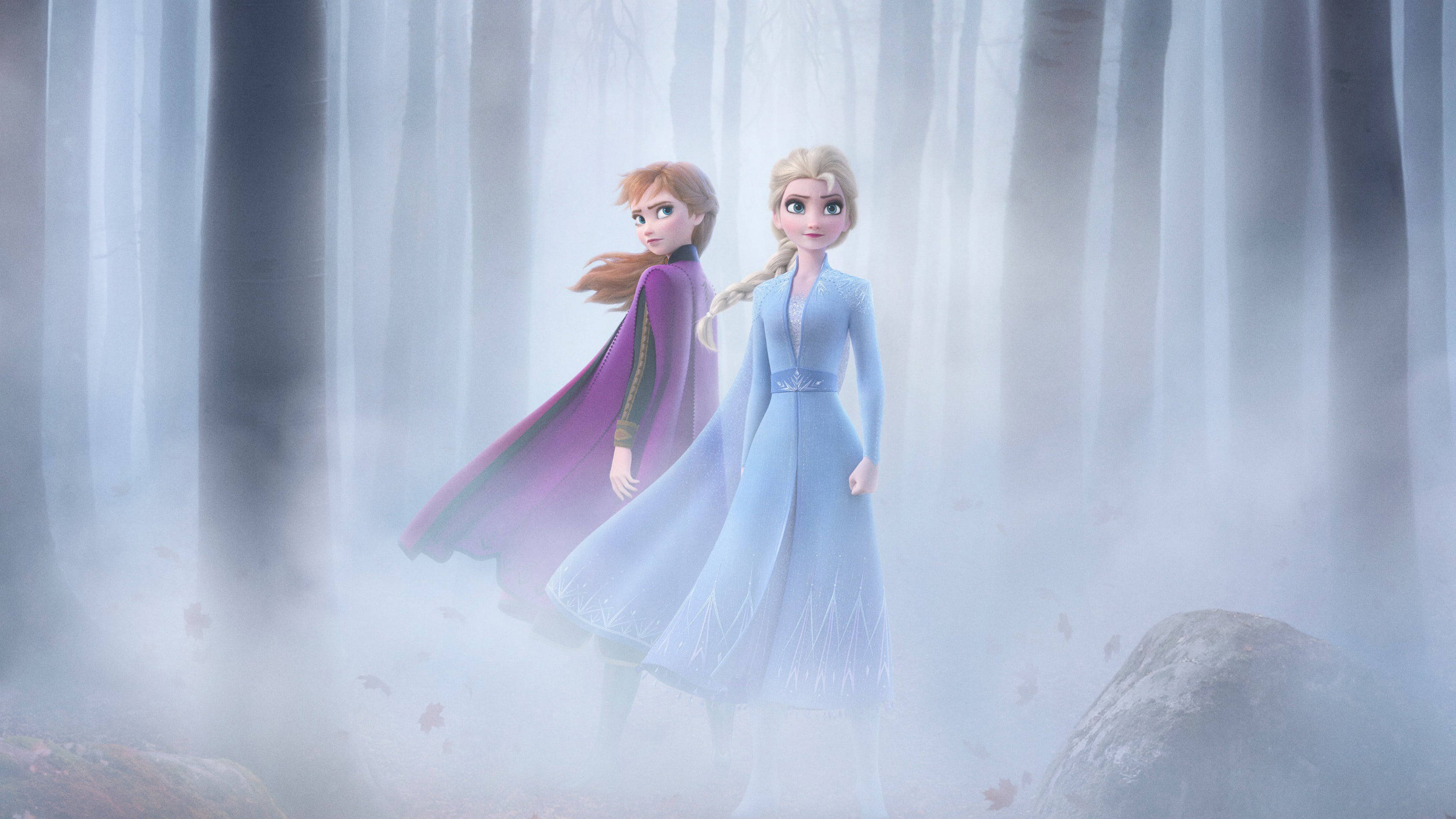 Elsa And Anna, foggy forest, misty enchanted forest, 2K Desktop Wallpaper