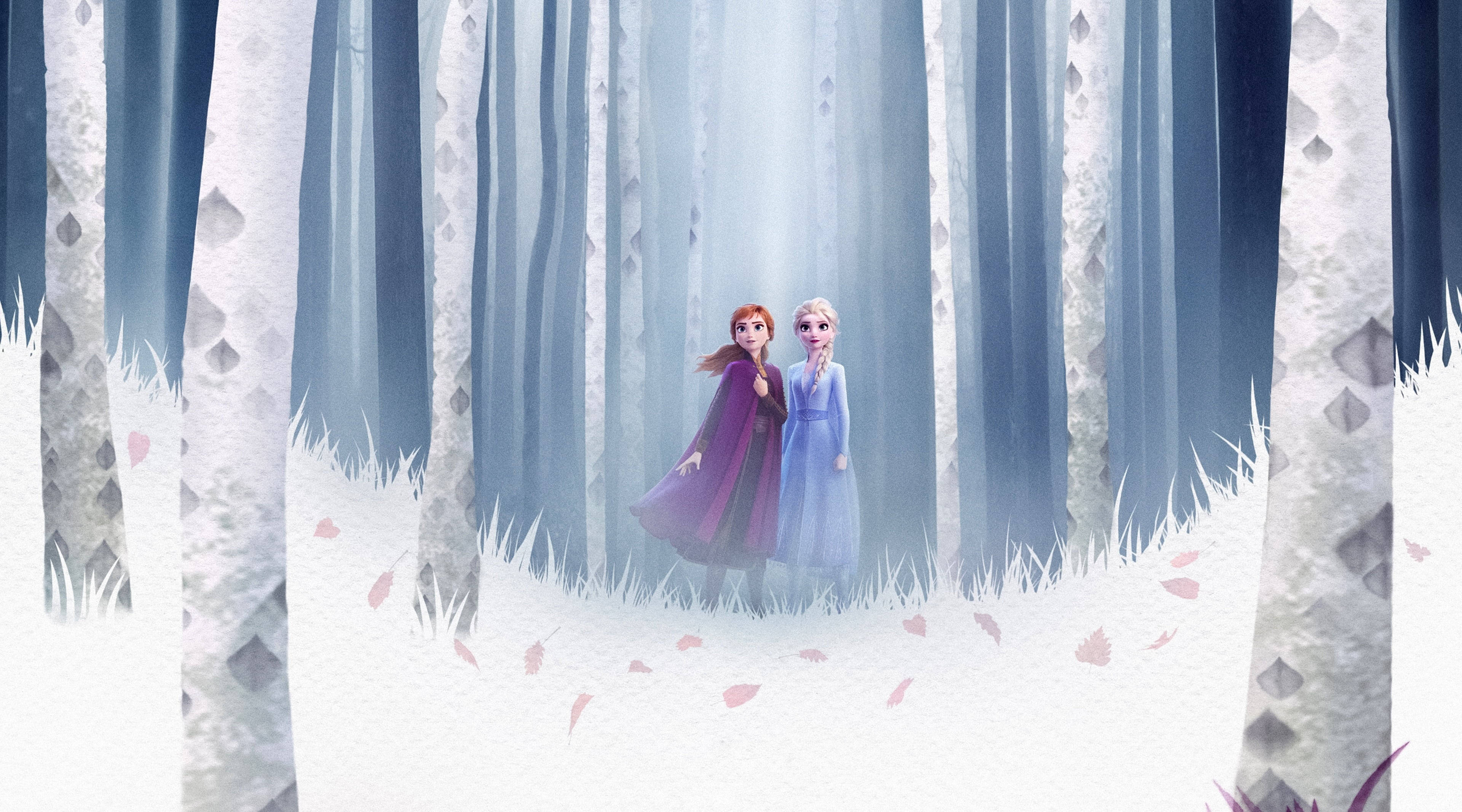 Elsa And Anna, winter forest, misty birch forest, 4K Desktop Wallpaper