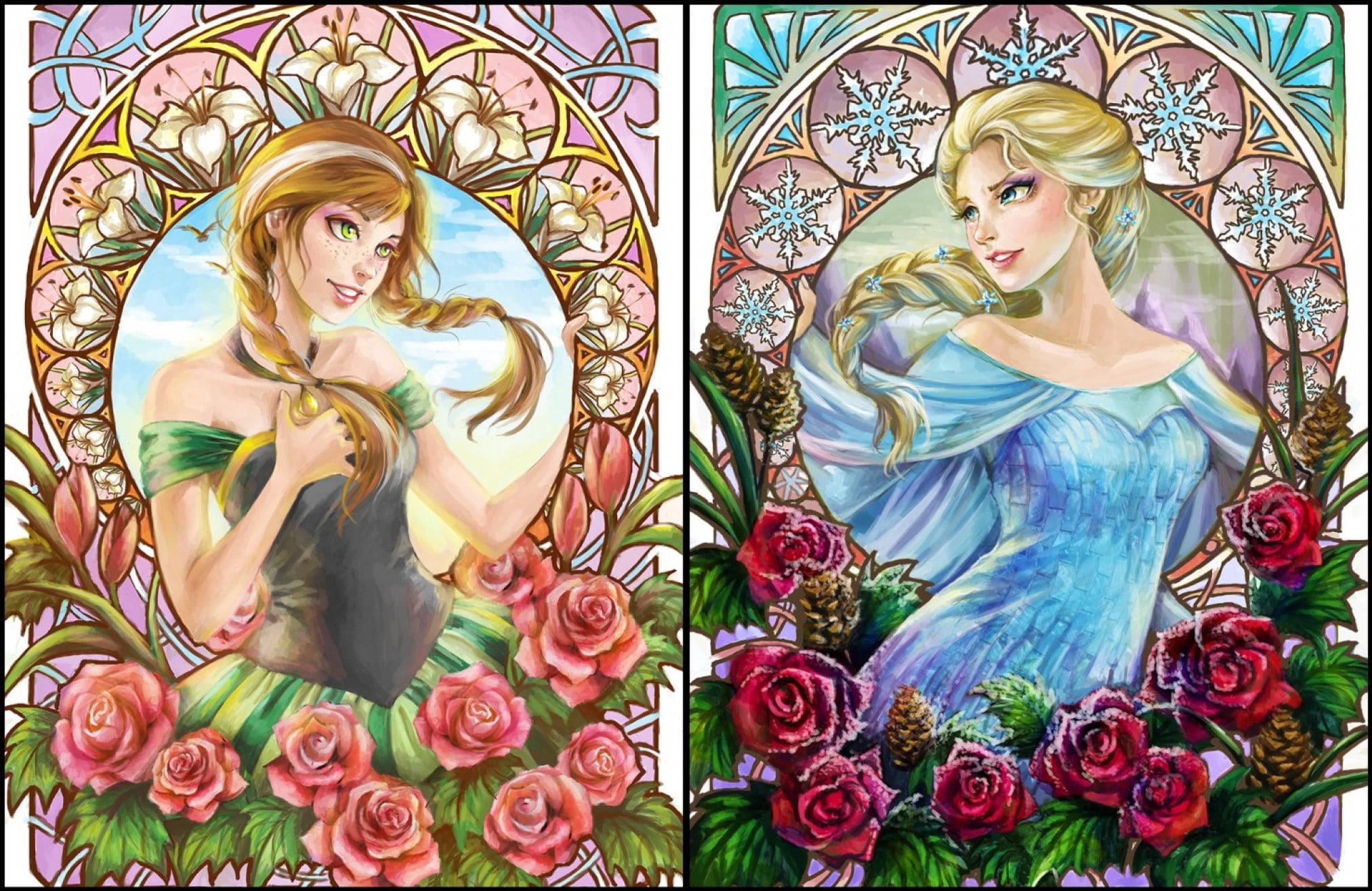 Elsa And Anna, stained glass windows, roses, Full HD Desktop Wallpaper