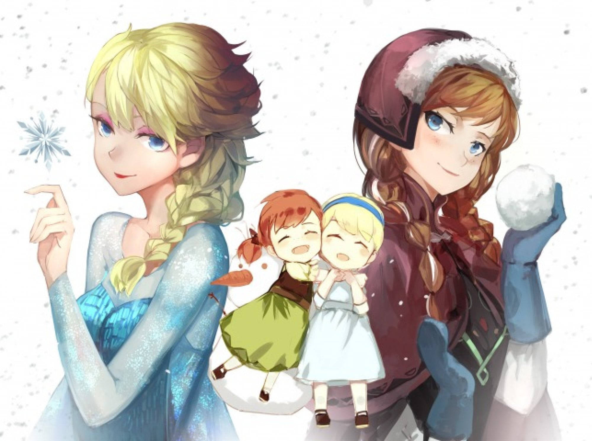 Elsa, Anna, snowy scene, Full HD Desktop Wallpaper