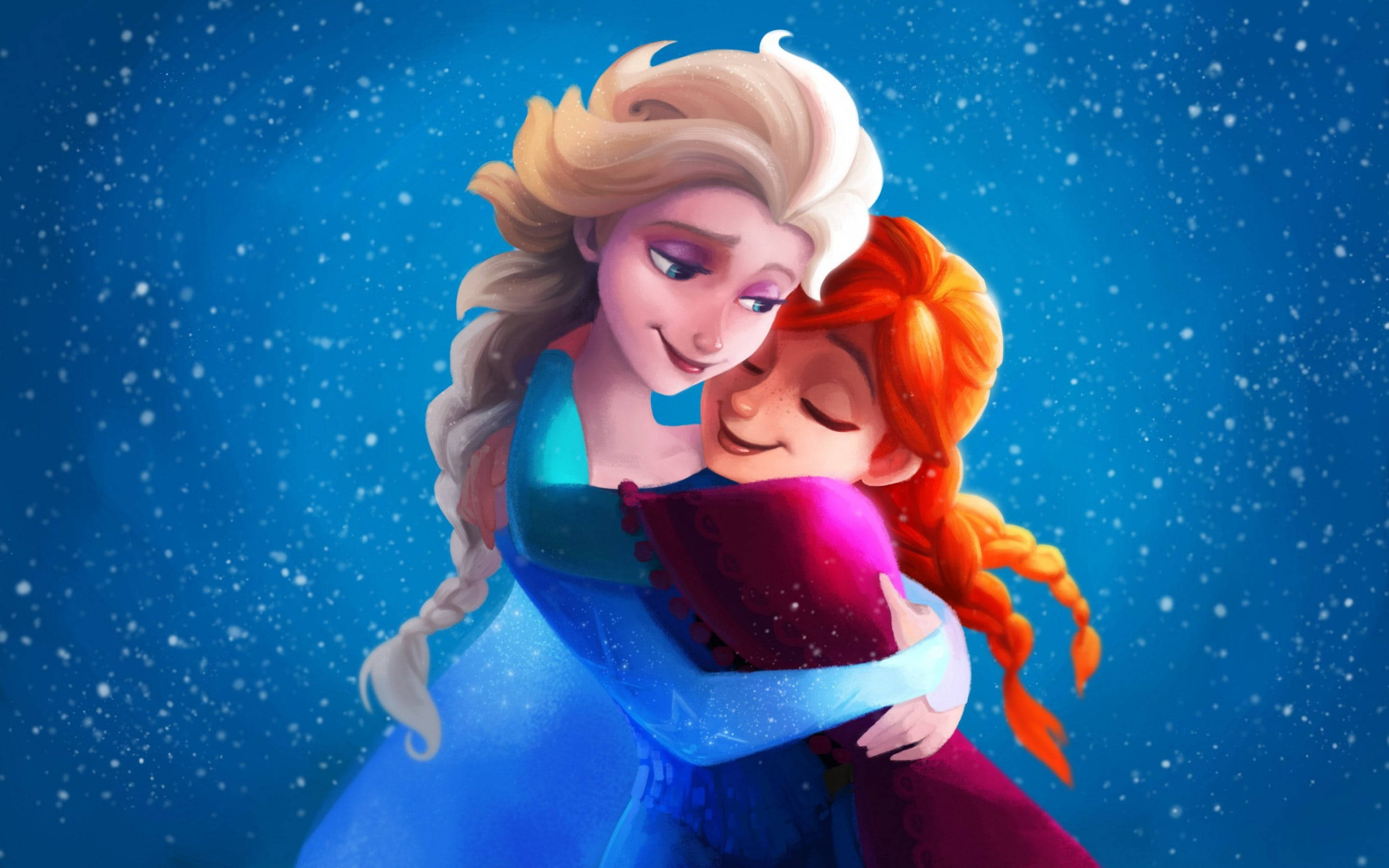 Elsa And Anna, snowy blue sky, tender animated moment, 2K Desktop Wallpaper