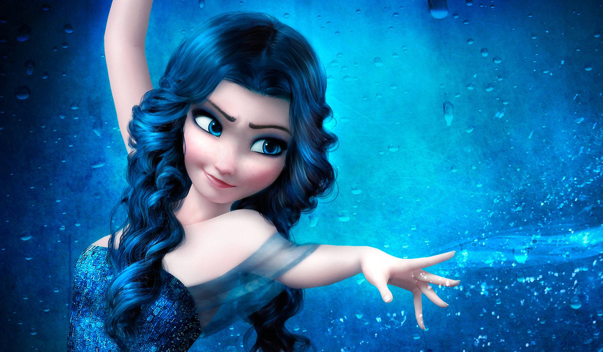 Elsa, blue-haired, shimmering gown, Full HD Desktop Wallpaper