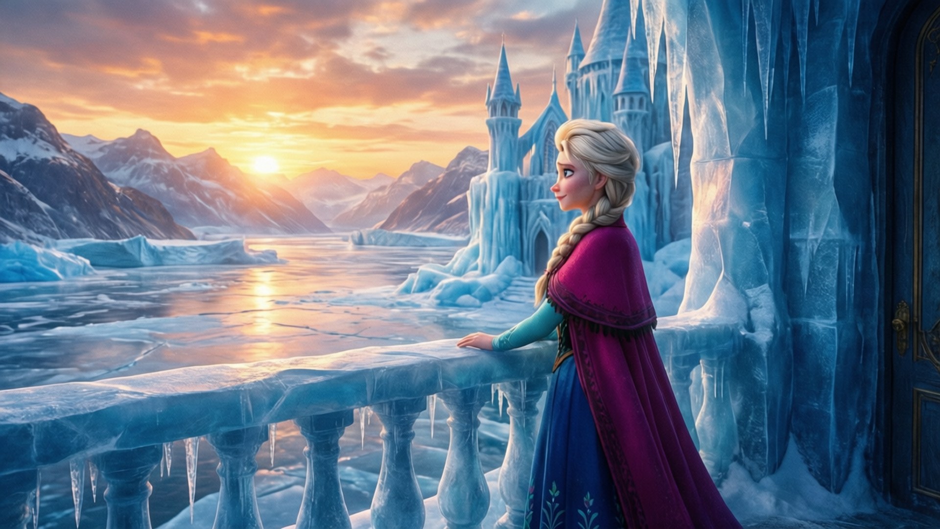 Elsa, sunset, icy balcony, Full HD Desktop Wallpaper