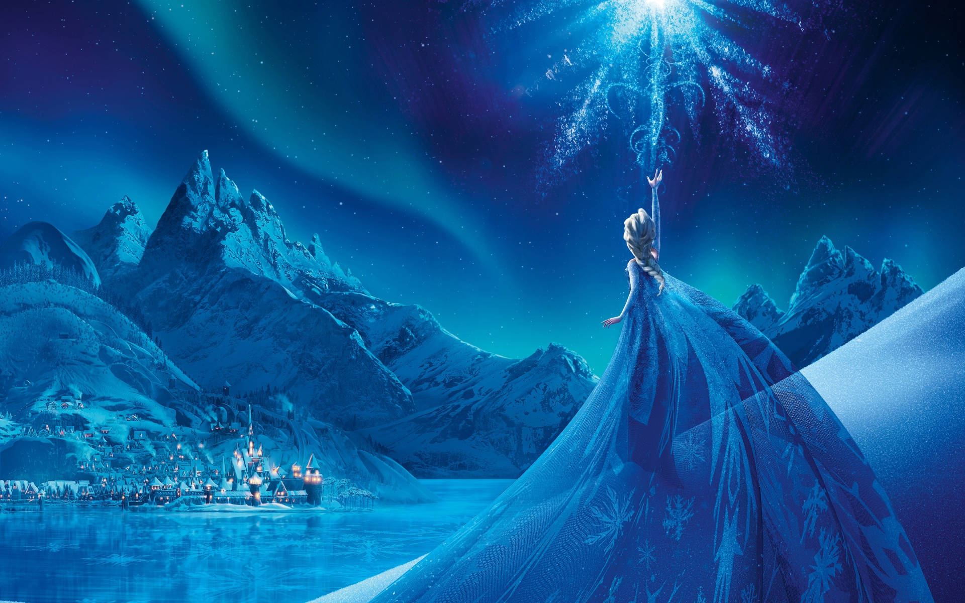 Elsa, snowy mountain, vibrant aurora borealis, Full HD Desktop Wallpaper