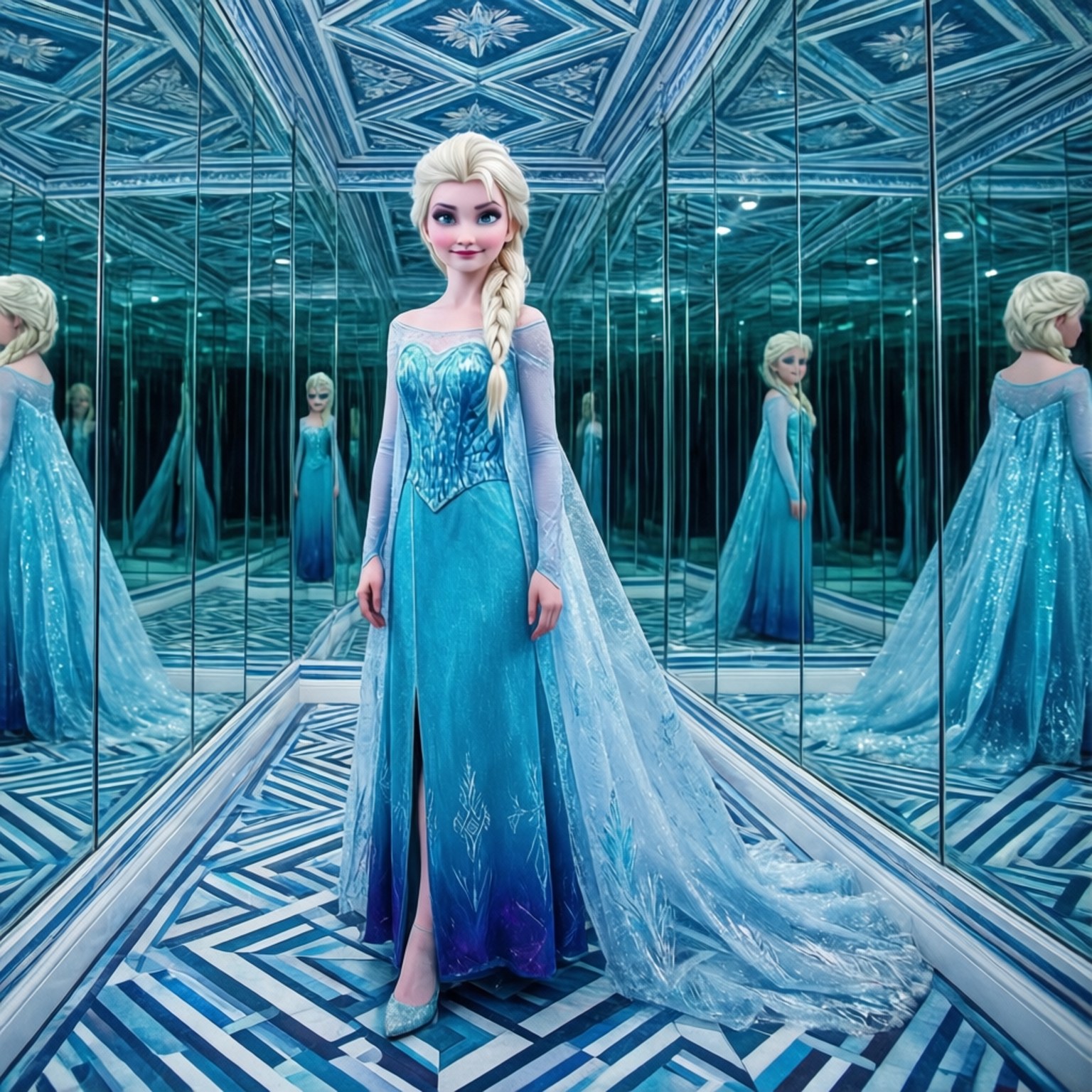 Elsa, mirrored corridor, shimmering blue gown, HD Desktop Wallpaper