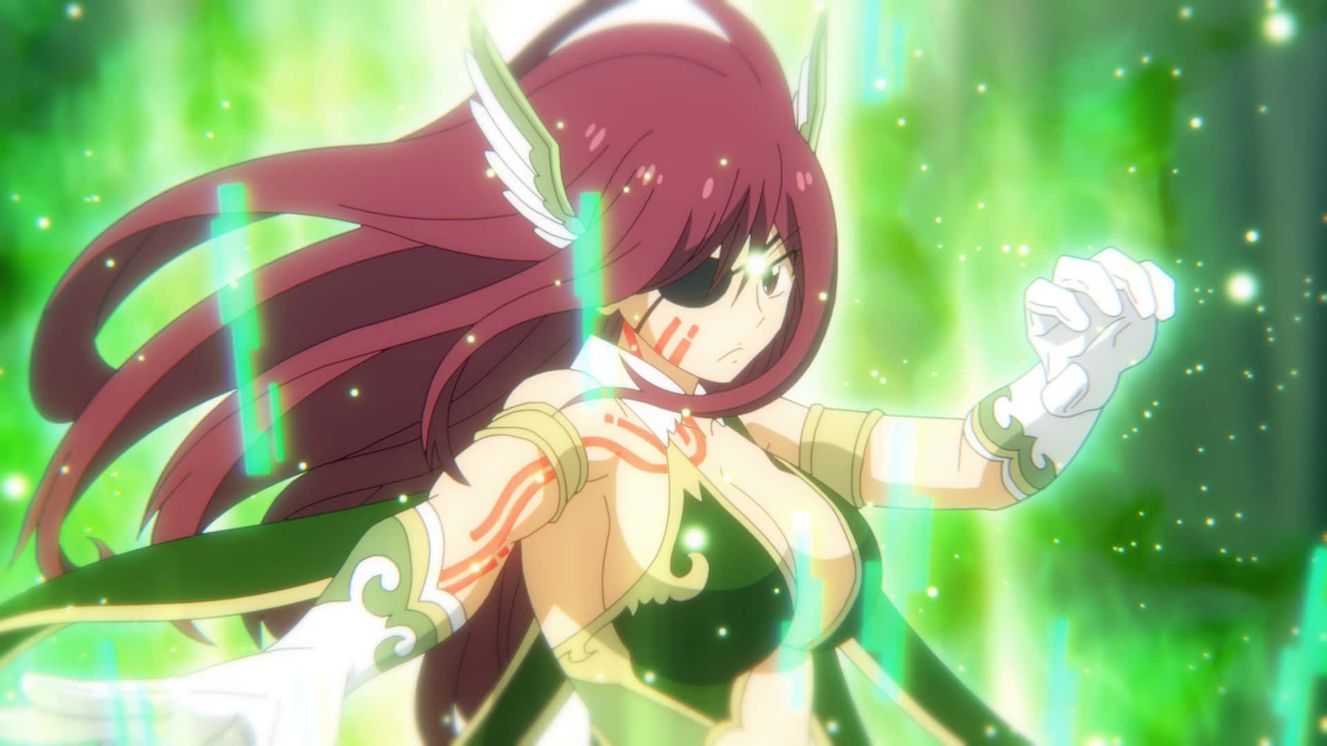 Elsie Crimson, maroon hair, green glowing energy, Full HD Desktop Wallpaper