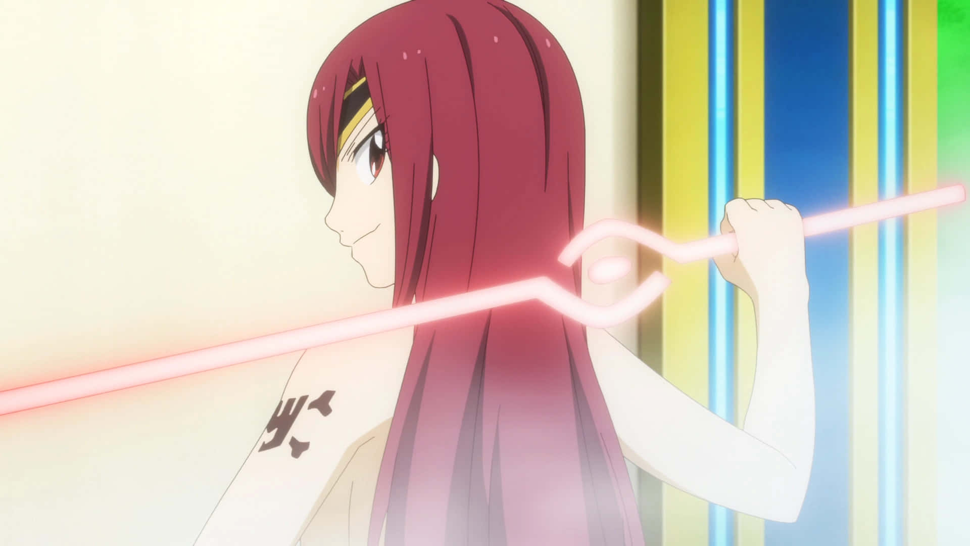 Elsie Crimson, red-haired anime girl, glowing pink staff, Full HD Desktop Wallpaper