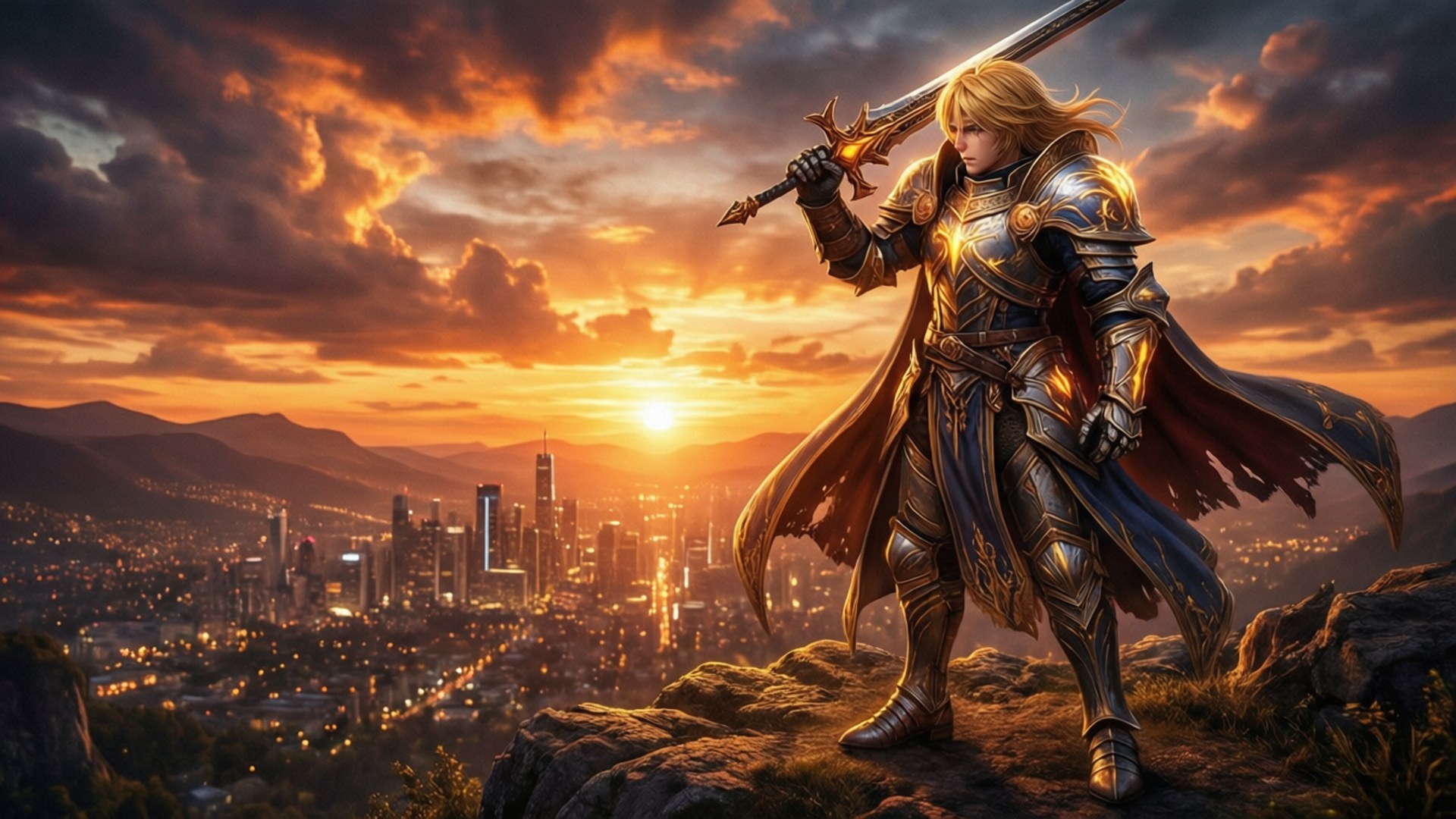 Elsword, golden-armored knight, sword, Full HD Desktop Wallpaper
