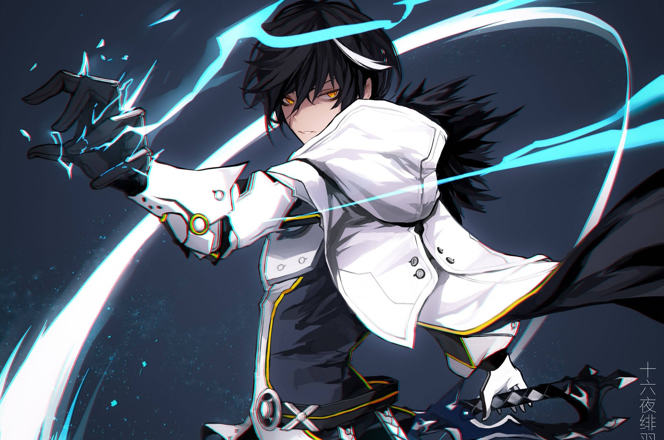 Elsword, blue energy, black hair, 2K Desktop Wallpaper
