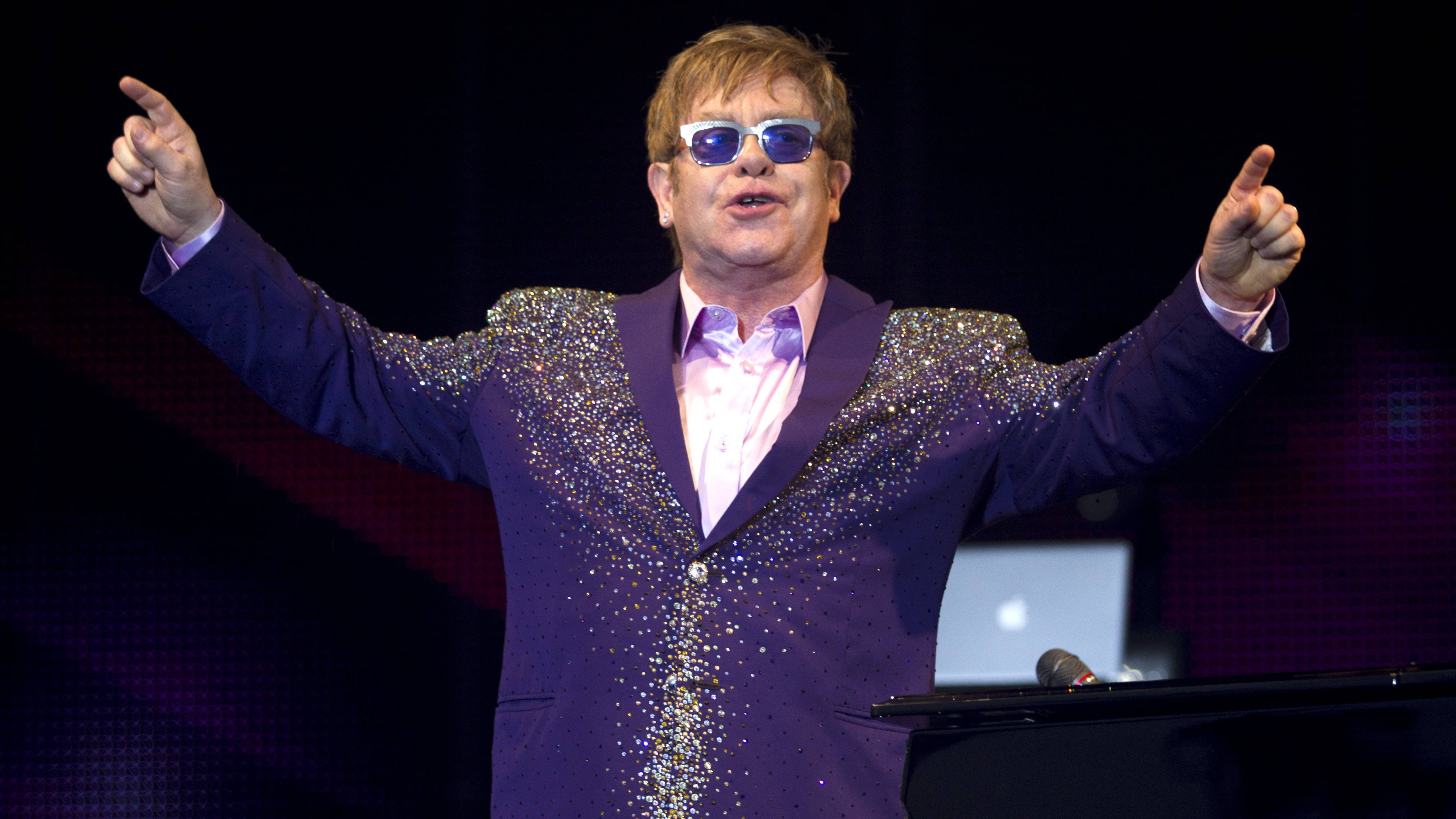 Elton John, glam rock singer, sparkling purple suit, 5K Desktop Wallpaper