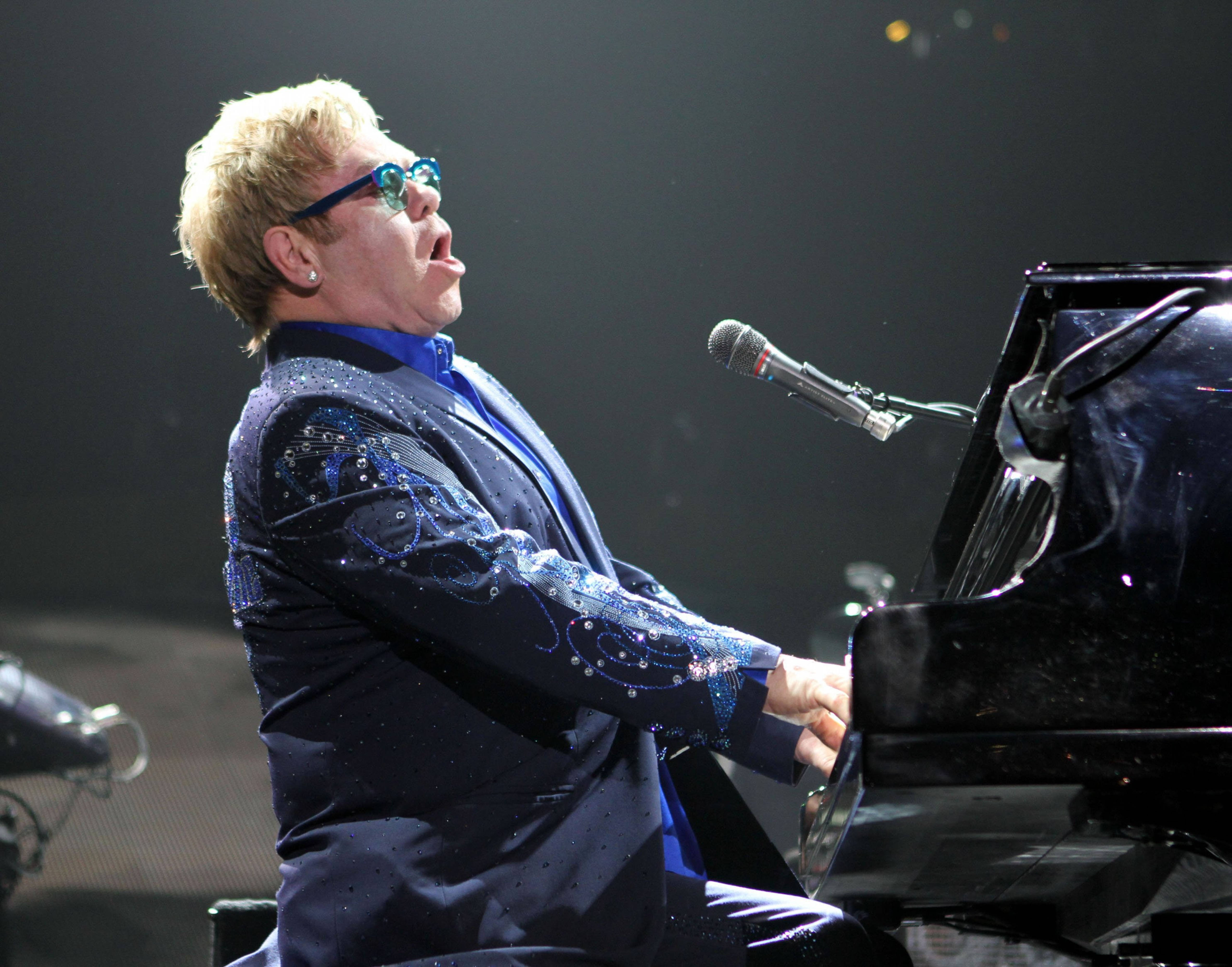 Elton John, sparkling blue suit, grand piano, 5K Desktop Wallpaper