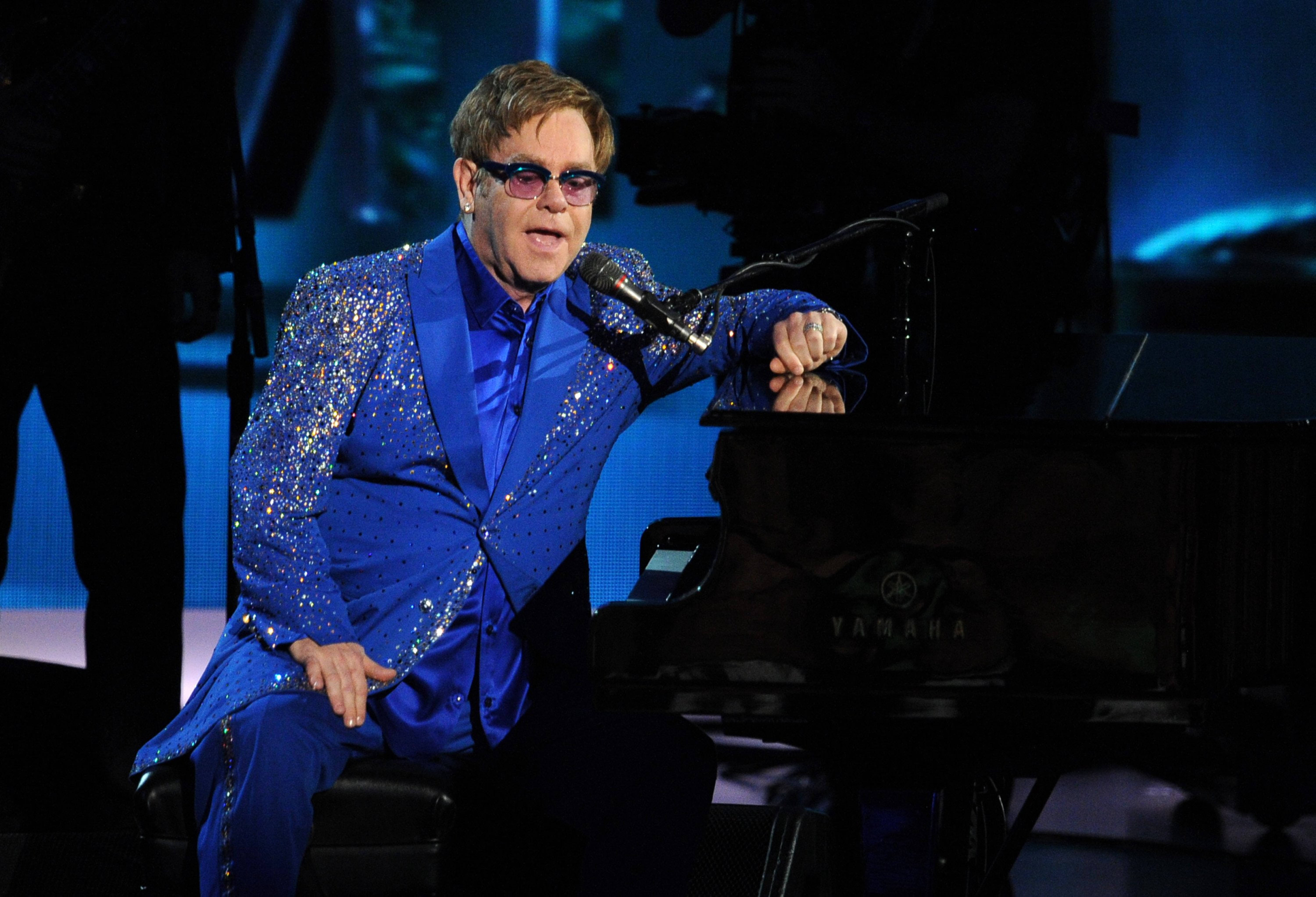 Elton John, blue glittered suit, piano, 5K Desktop Wallpaper