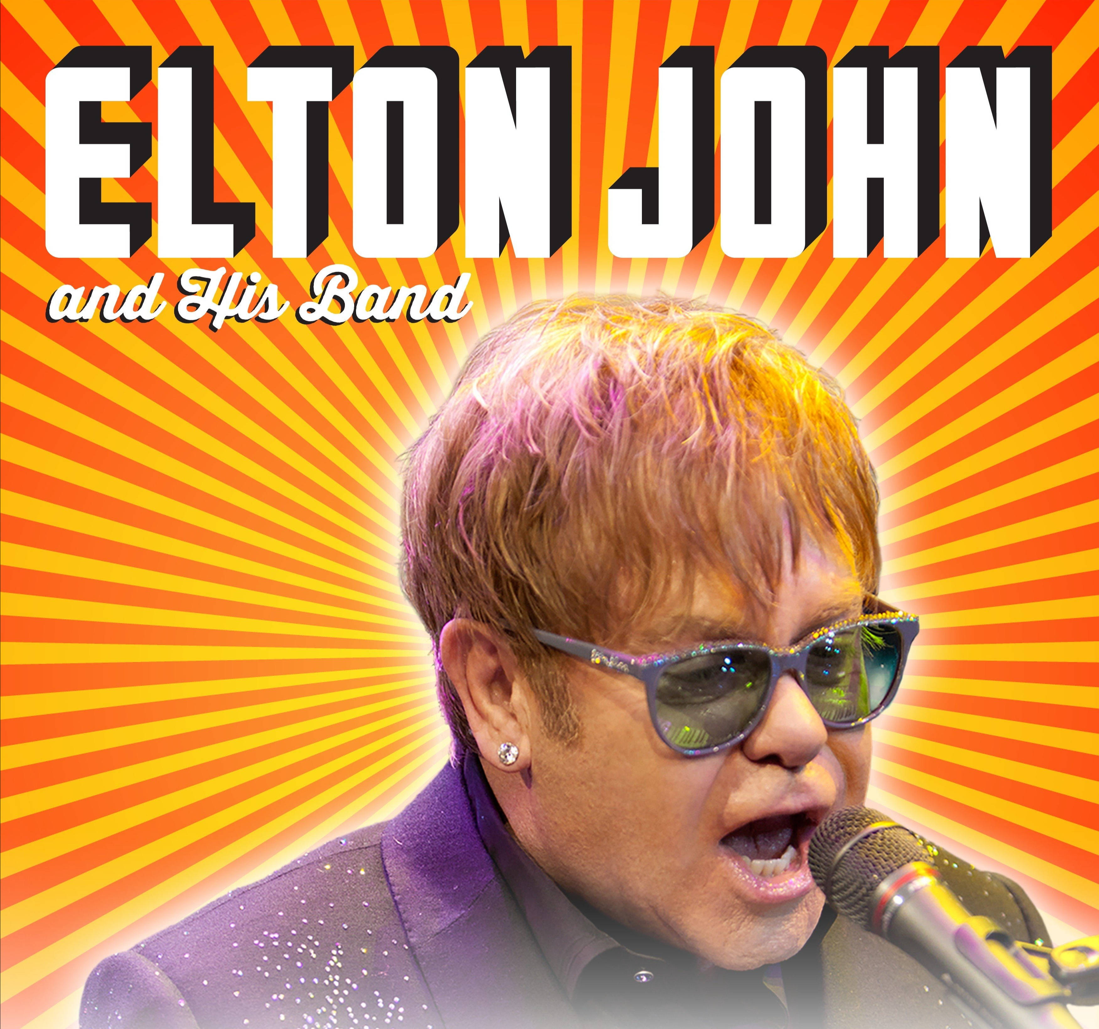 Elton John, glittery sunglasses, vibrant orange yellow sunburst background, 2K Desktop Wallpaper