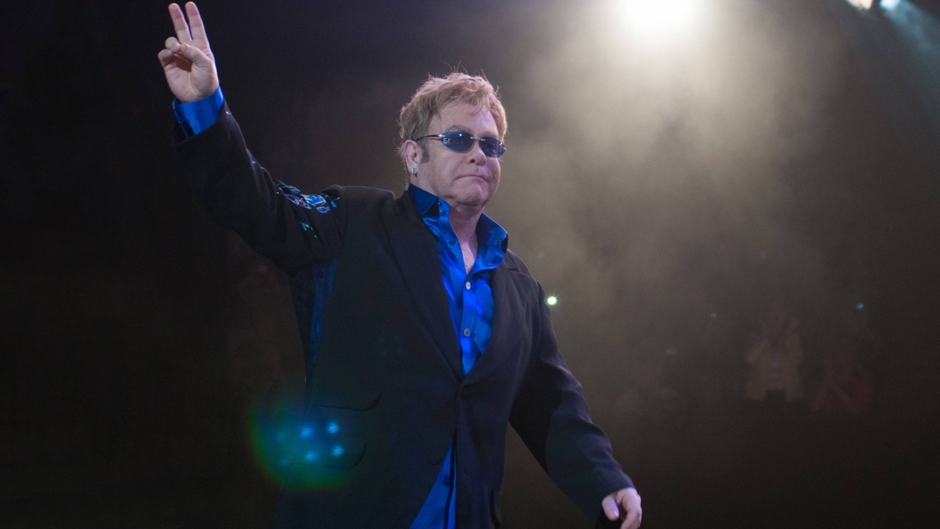 Elton John, black suit, blue shirt, 4K Desktop Wallpaper
