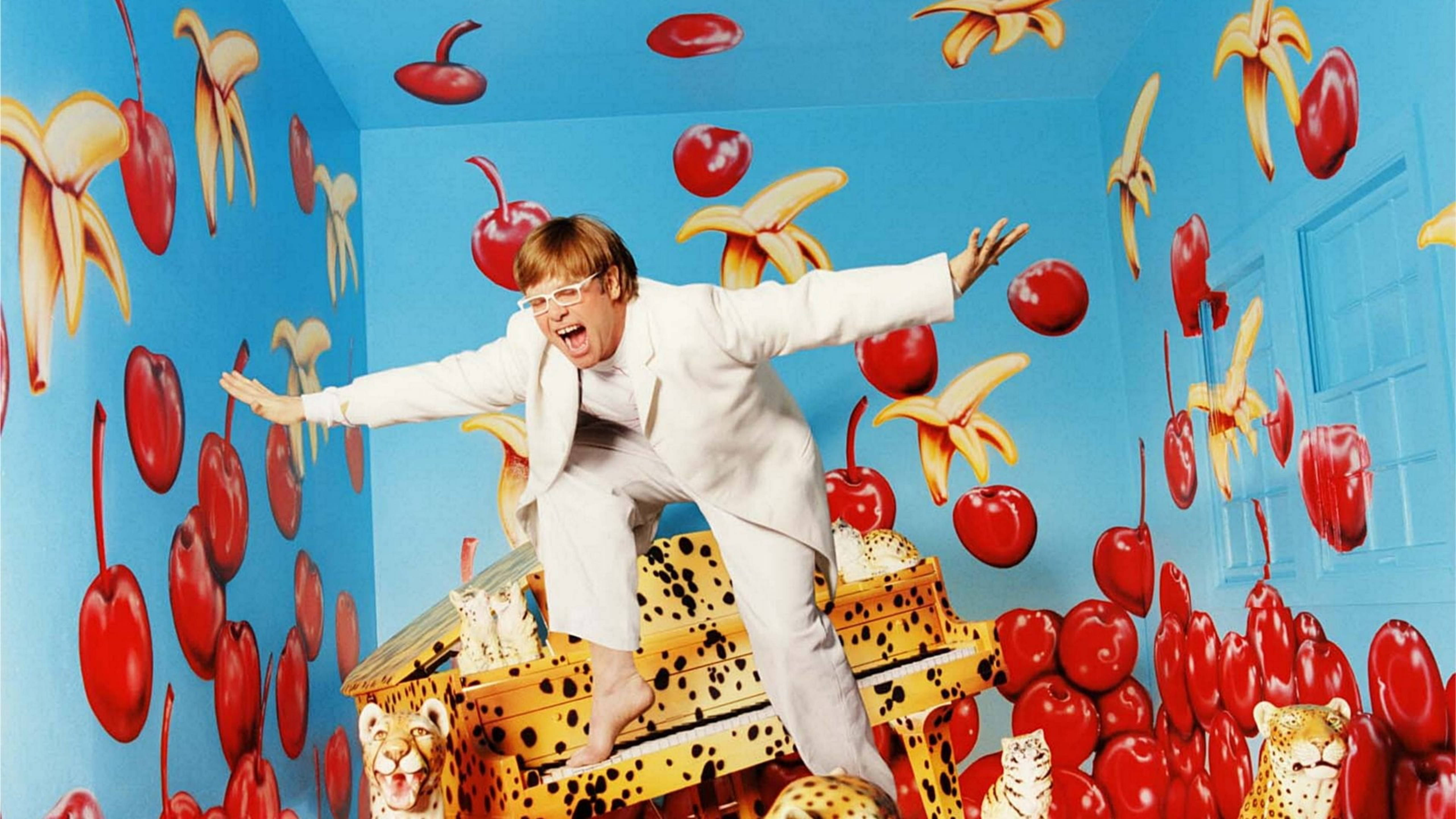 Elton John, white suit, floating cherries, 5K Desktop Wallpaper