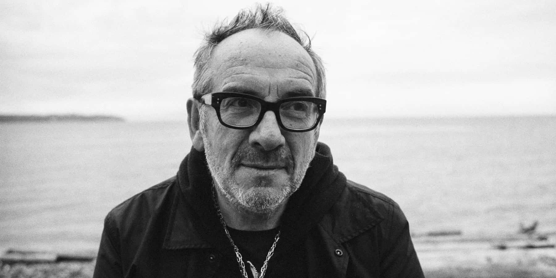 Elvis Costello, black and white portrait, glasses, HD Desktop Wallpaper
