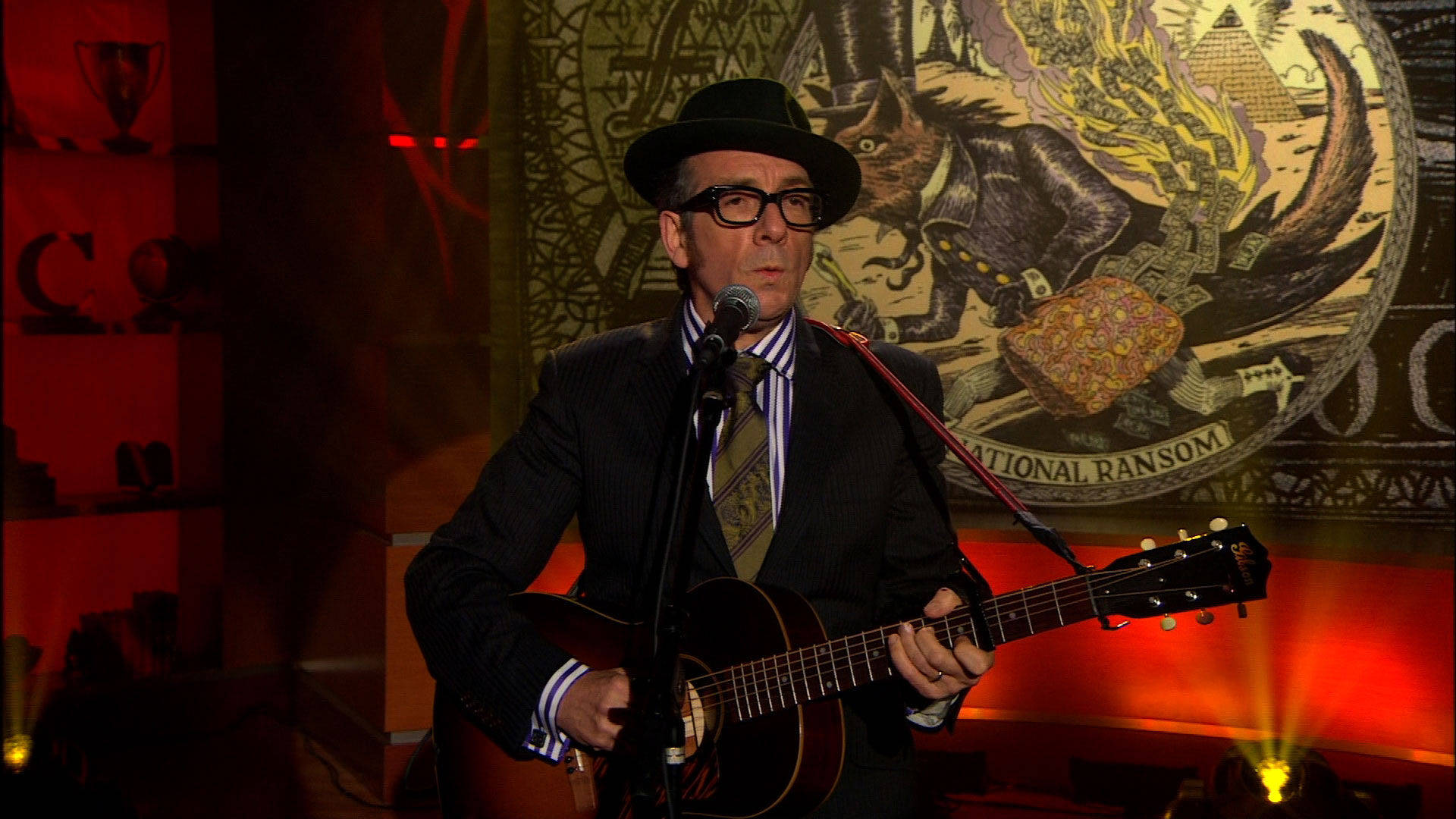 Elvis Costello, acoustic guitar, black hat, Full HD Desktop Wallpaper