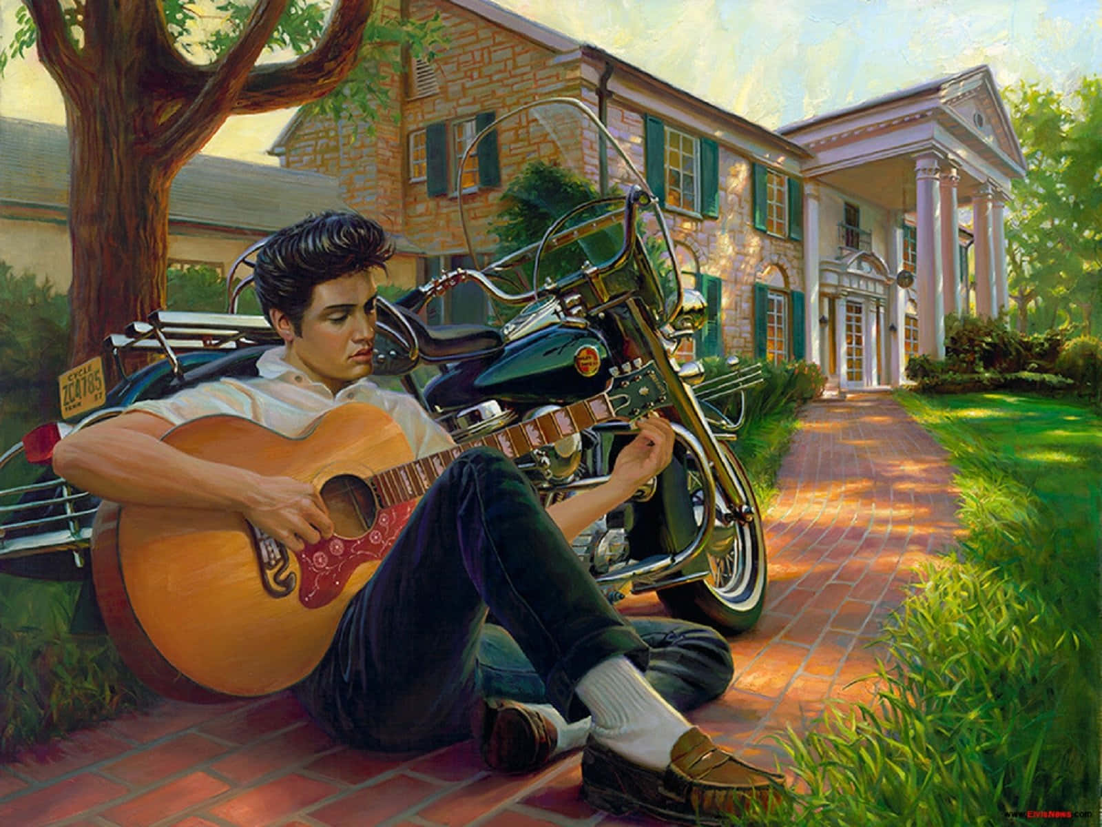 Elvis Presley, acoustic guitar, motorcycle, HD Desktop Wallpaper