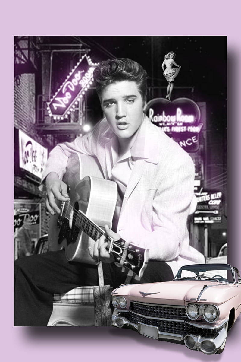 Elvis Presley, lilac, vibrant purple neon-lit cityscape, SD Phone Wallpaper