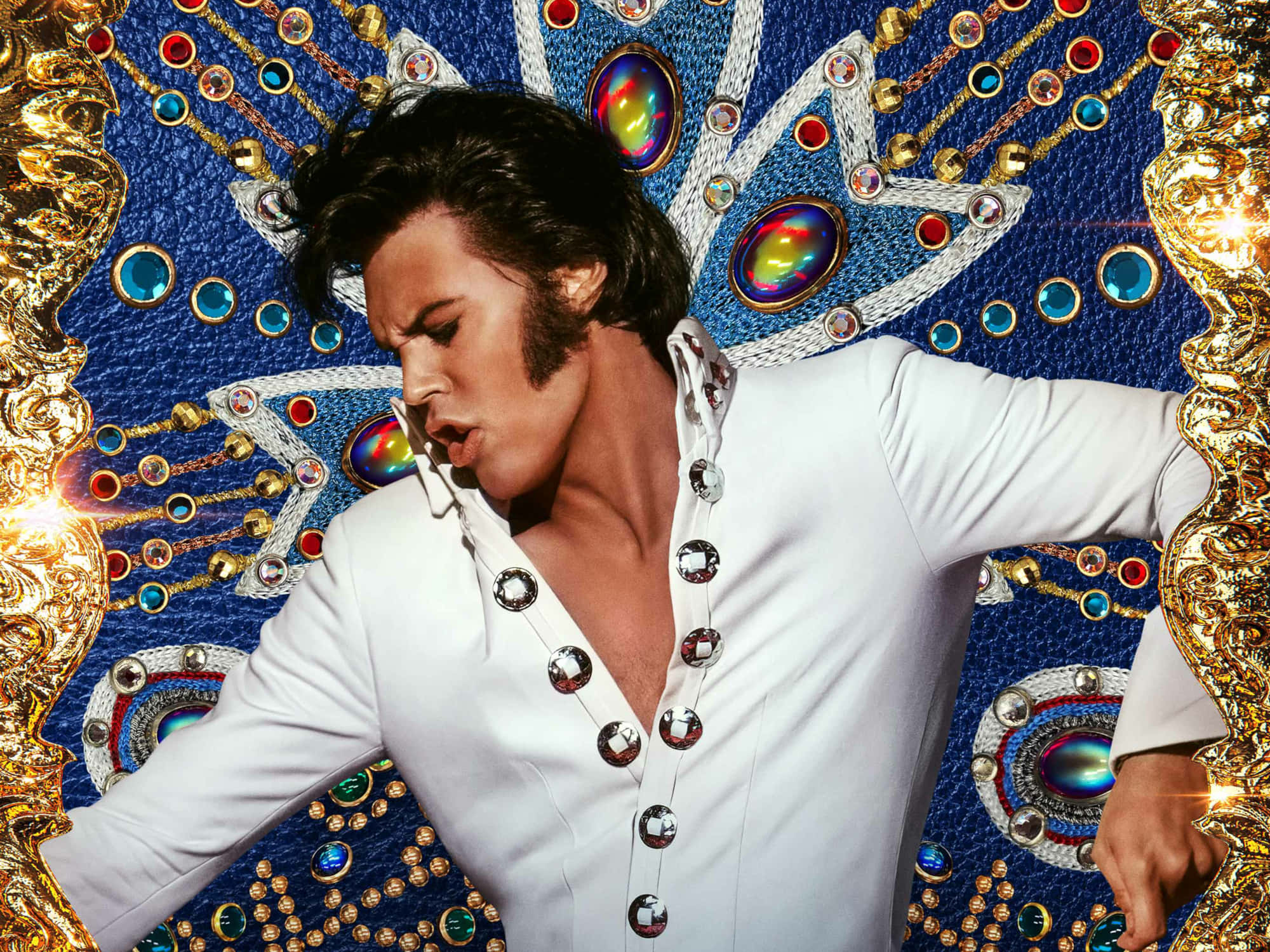 Elvis Presley, white sequined suit, glittering blue and gold ornate backdrop, Full HD Desktop Wallpaper