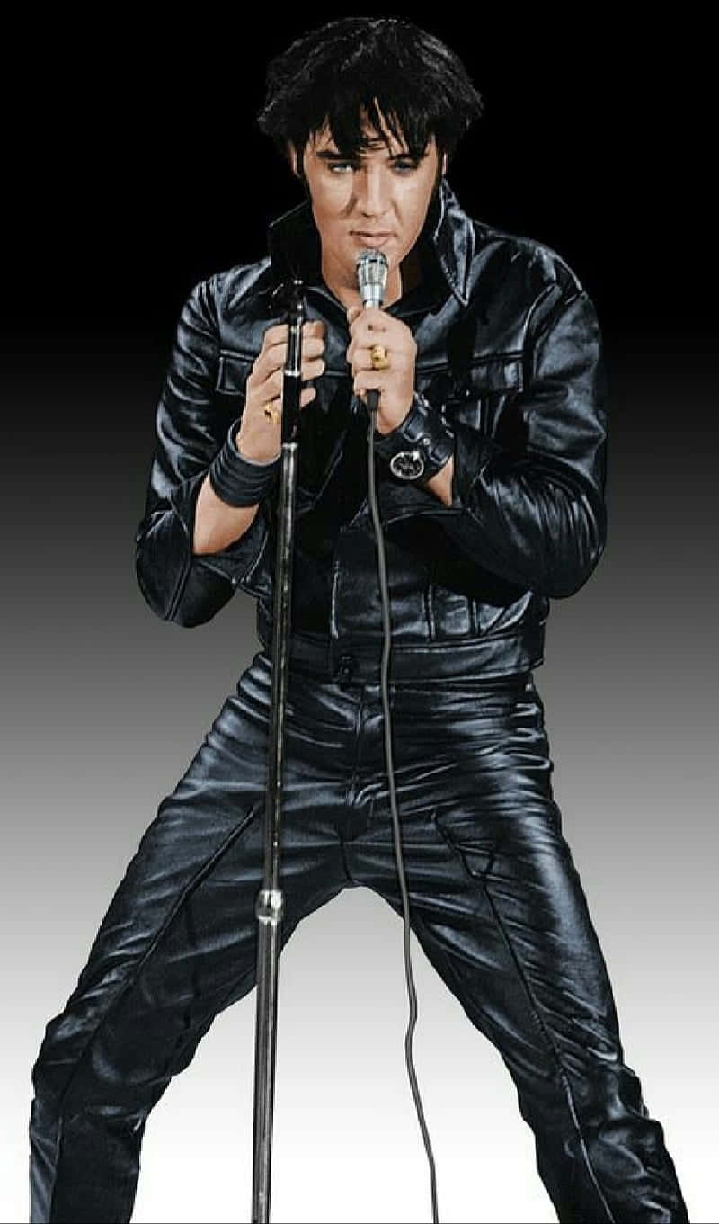 Elvis Presley, shiny black leather jumpsuit, microphone, HD Phone Wallpaper