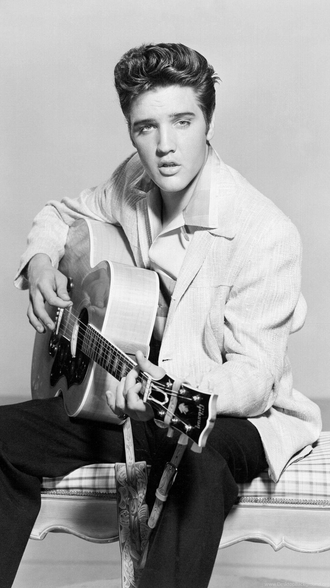 Elvis Presley, acoustic guitar, black and white studio portrait, Full HD Phone Wallpaper