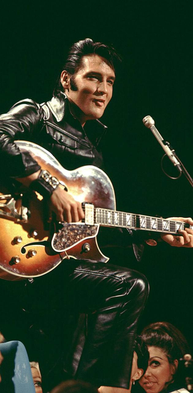 Elvis Presley, black leather outfit, sunburst electric guitar, HD Phone Wallpaper