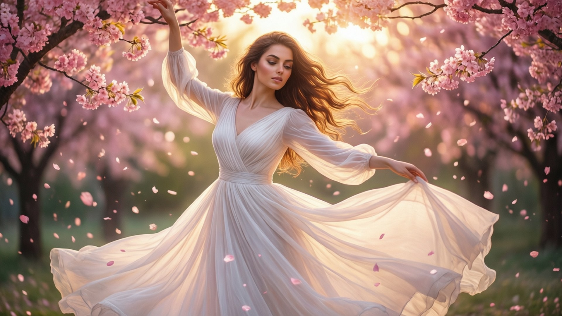 Elysia Rotaru, cherry blossoms, white dress, Full HD Desktop Wallpaper