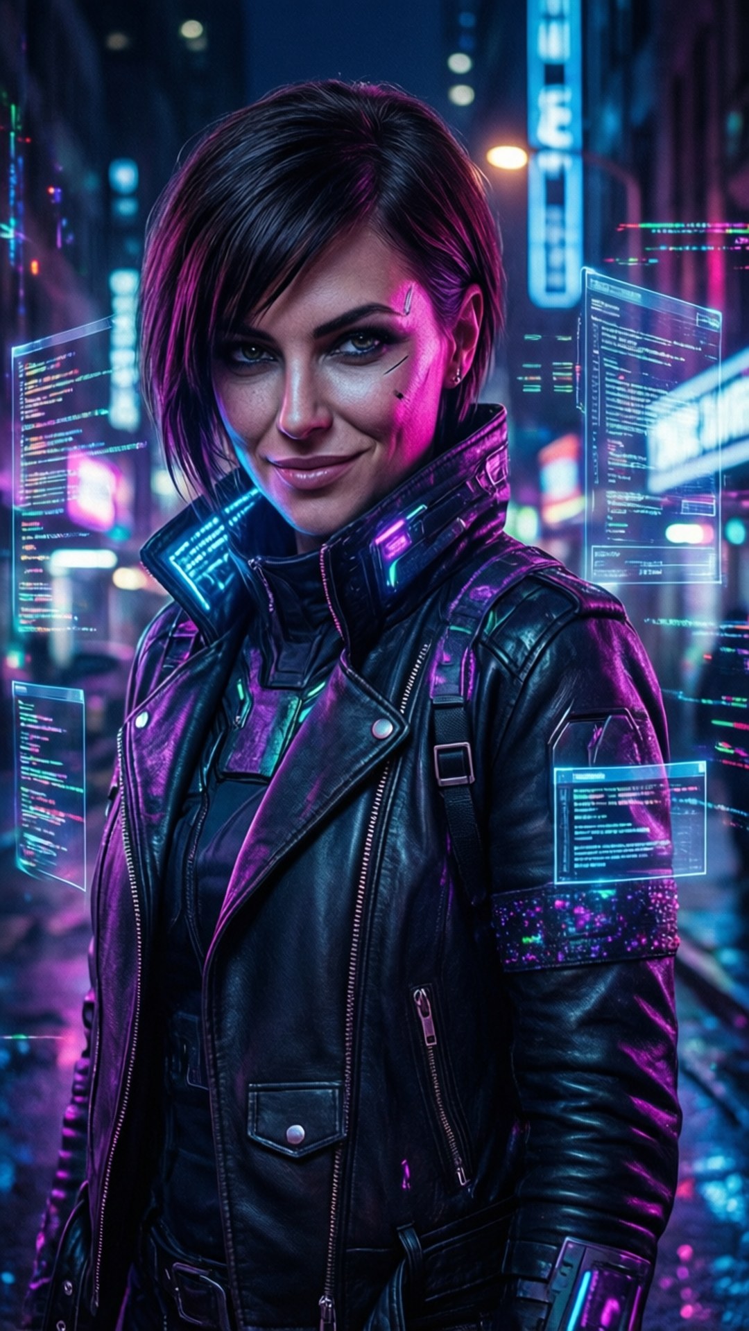 Elysia Rotaru, cyberpunk setting, neon lights, Full HD Phone Wallpaper