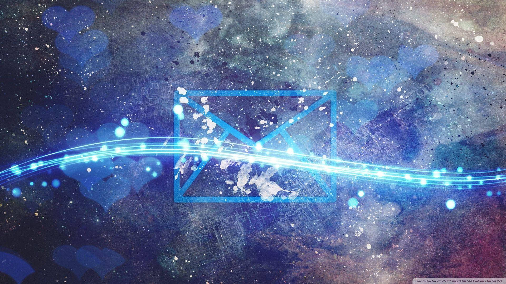 glowing blue email icon, cosmic stars, heart-shaped bokeh, Full HD Desktop Wallpaper