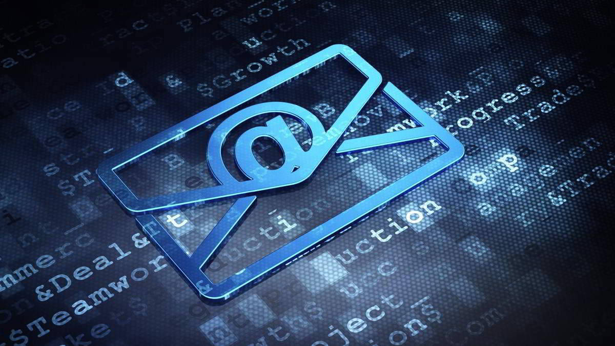 Mail Digital Computer, glowing blue email icon, dark digital background, SD Desktop Wallpaper