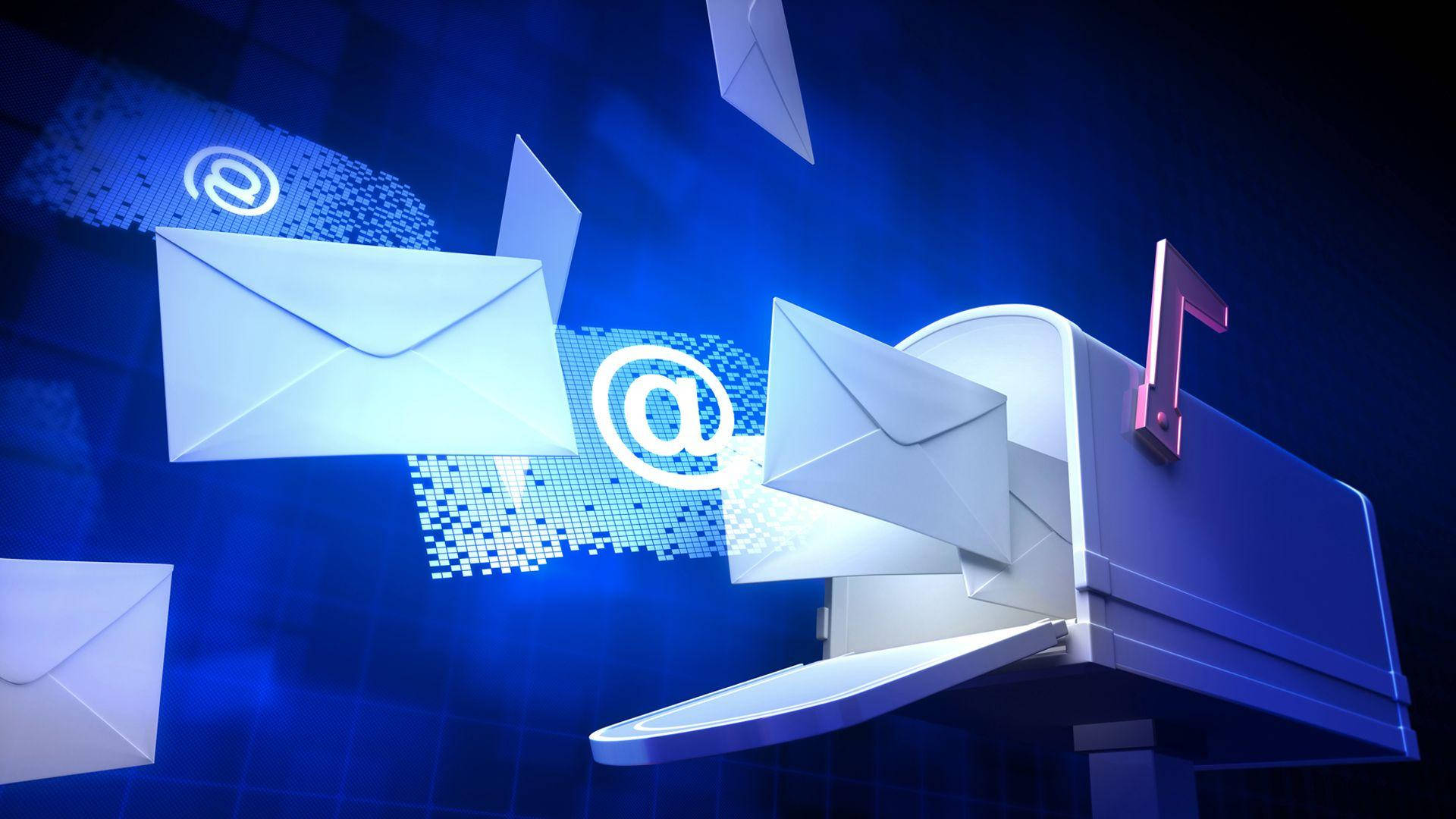 digital mailbox, glowing blue digital envelopes, at symbols, Full HD Desktop Wallpaper