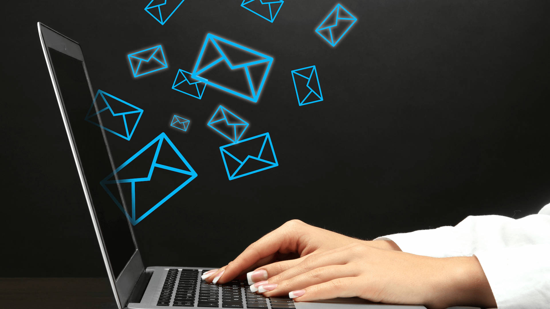 laptop, glowing blue email icons, dark background, Full HD Desktop Wallpaper