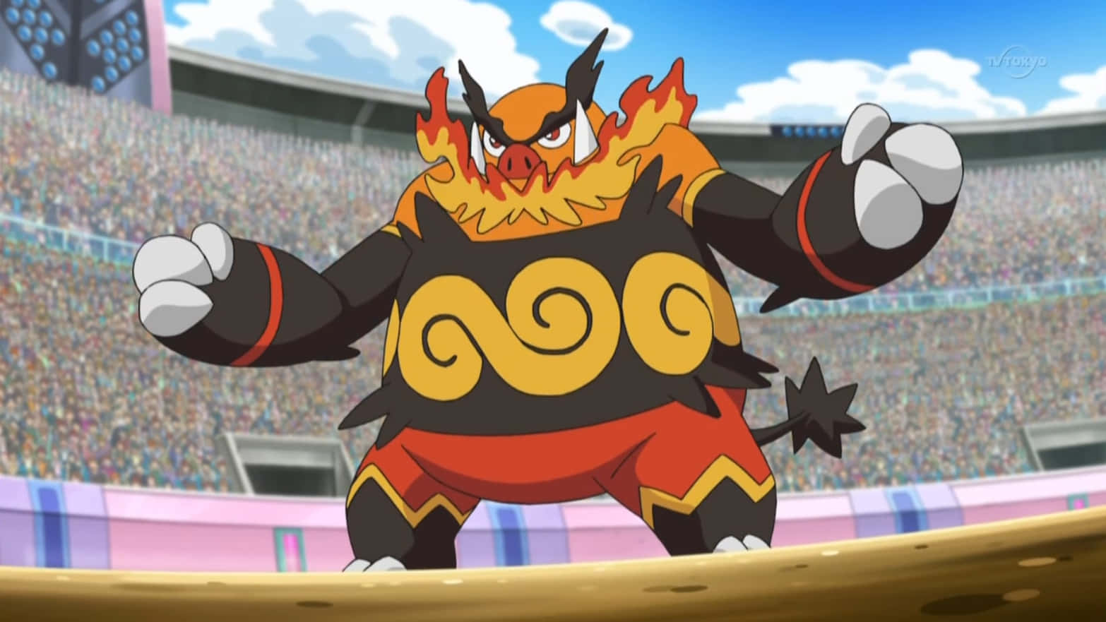 Emboar, flame mane, swirling yellow patterns, HD Desktop Wallpaper