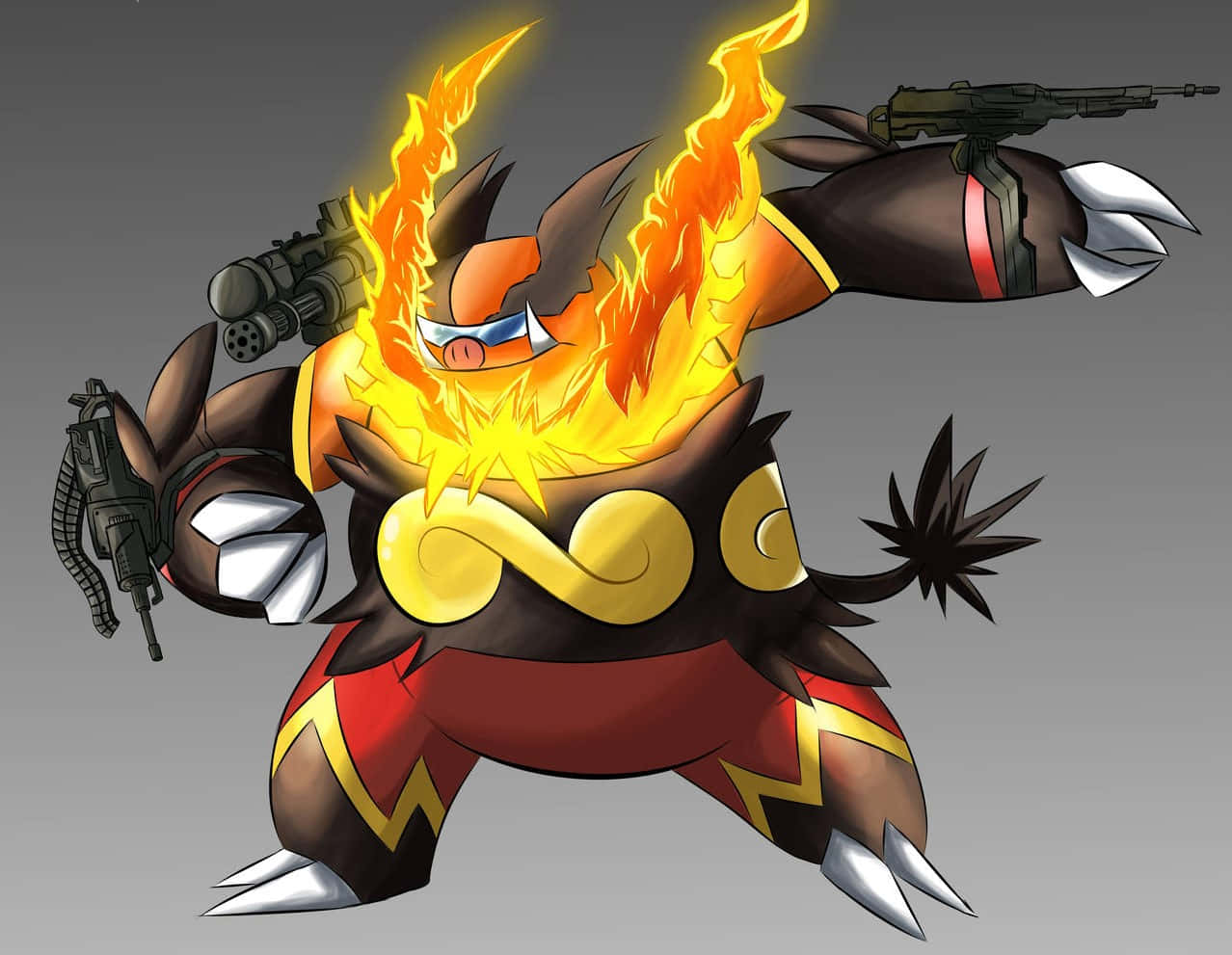 Emboar, glowing orange flames, two firearms, SD Desktop Wallpaper
