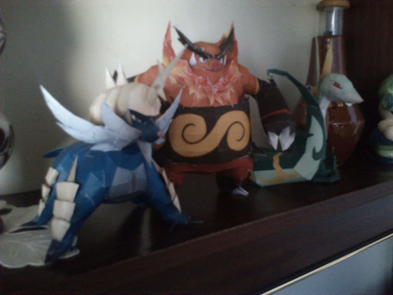Emboar, paper Pokemon models, dark wooden shelf, HD Desktop Wallpaper