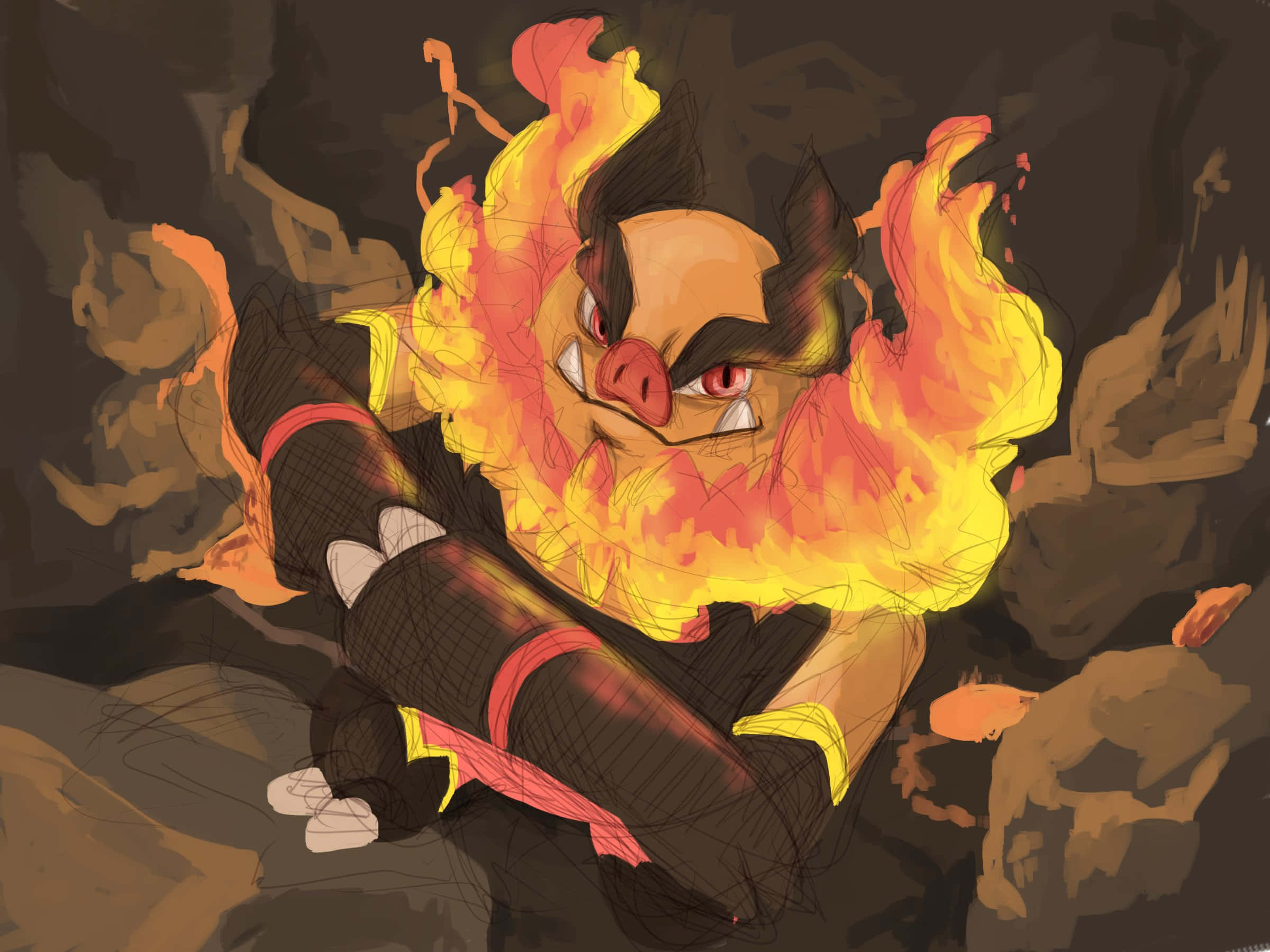 Emboar, flaming, cave, Full HD Desktop Wallpaper