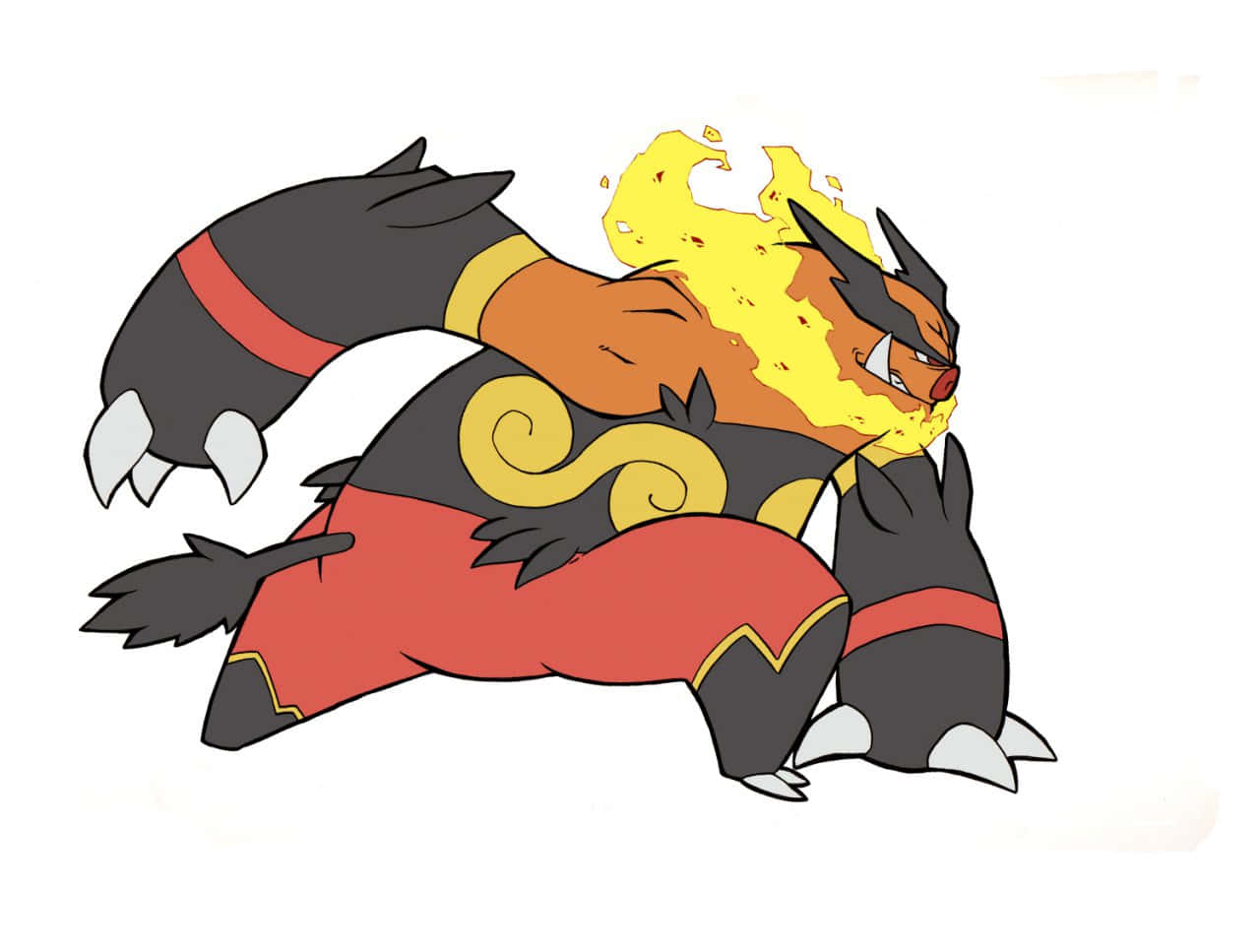 Emboar, black red and yellow fur, flames erupting from its head, HD Desktop Wallpaper