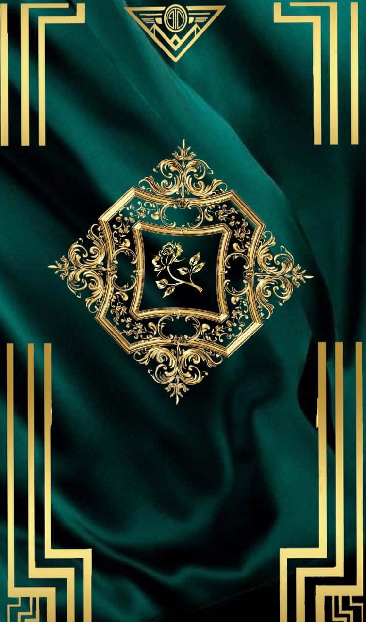 emerald green silk fabric, gold filigree, floral emblem, HD Phone Wallpaper