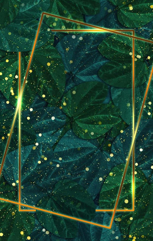 Emerald Leaves Golden Sparkles Background, golden geometric frames, dark green leaves, SD Phone Wallpaper