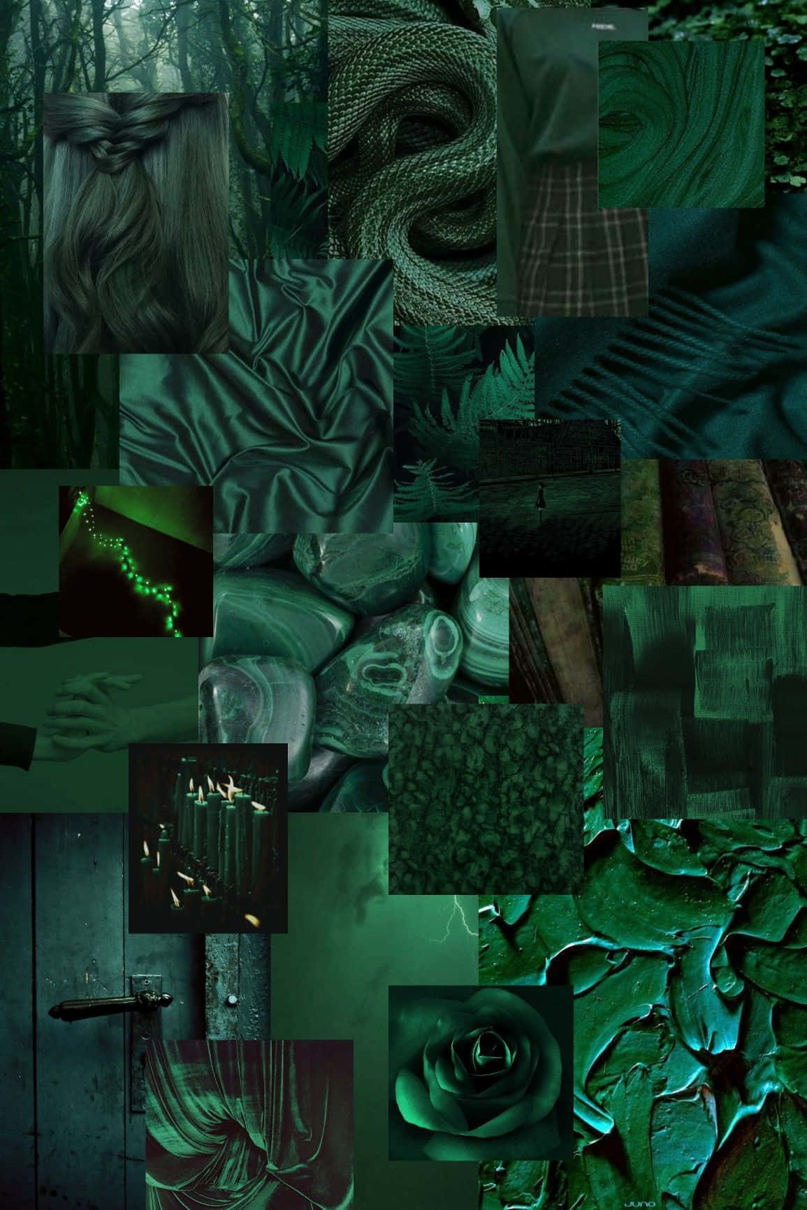 Enigmatic Emerald Collage, moody green-toned, fabric textures, HD Phone Wallpaper